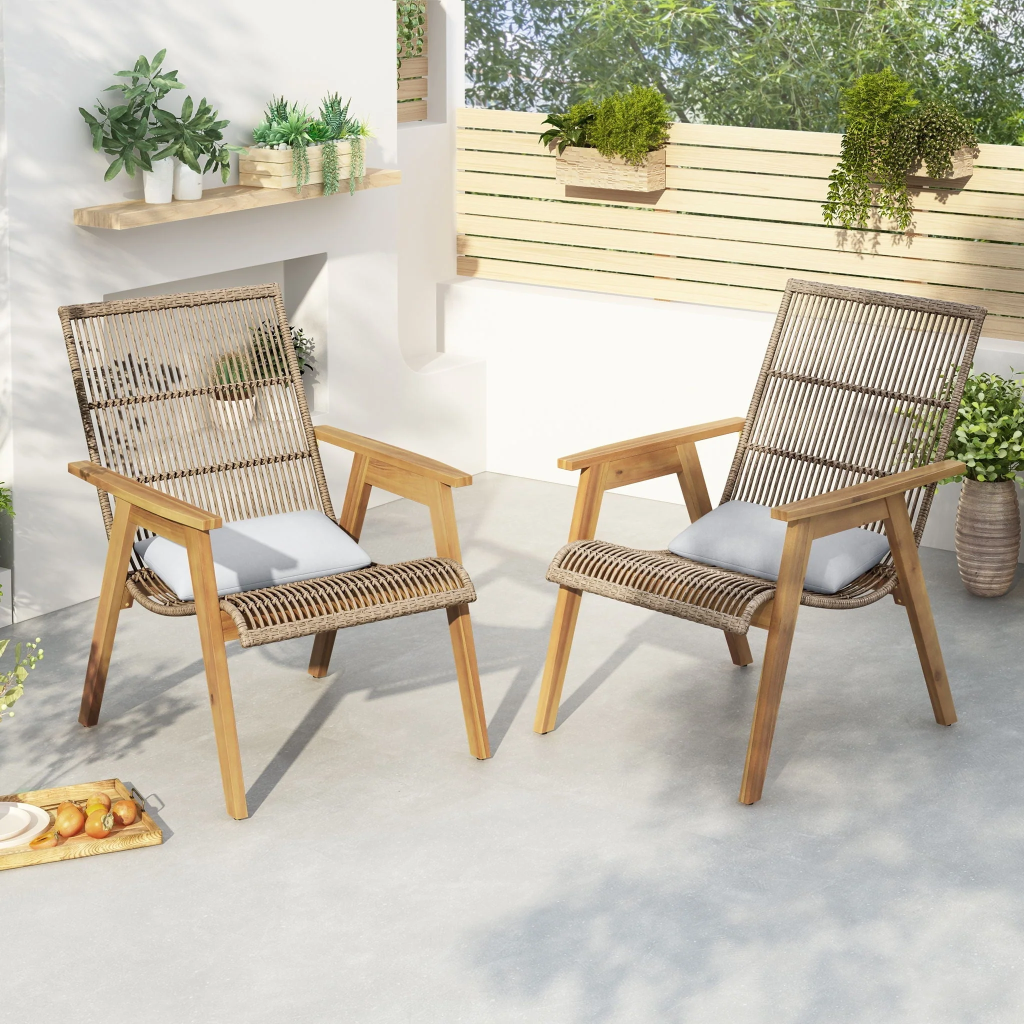 Acacia Wood Cape Woven Wicker Large Lounge Chair With Pillow (Set of 2) - Image 4