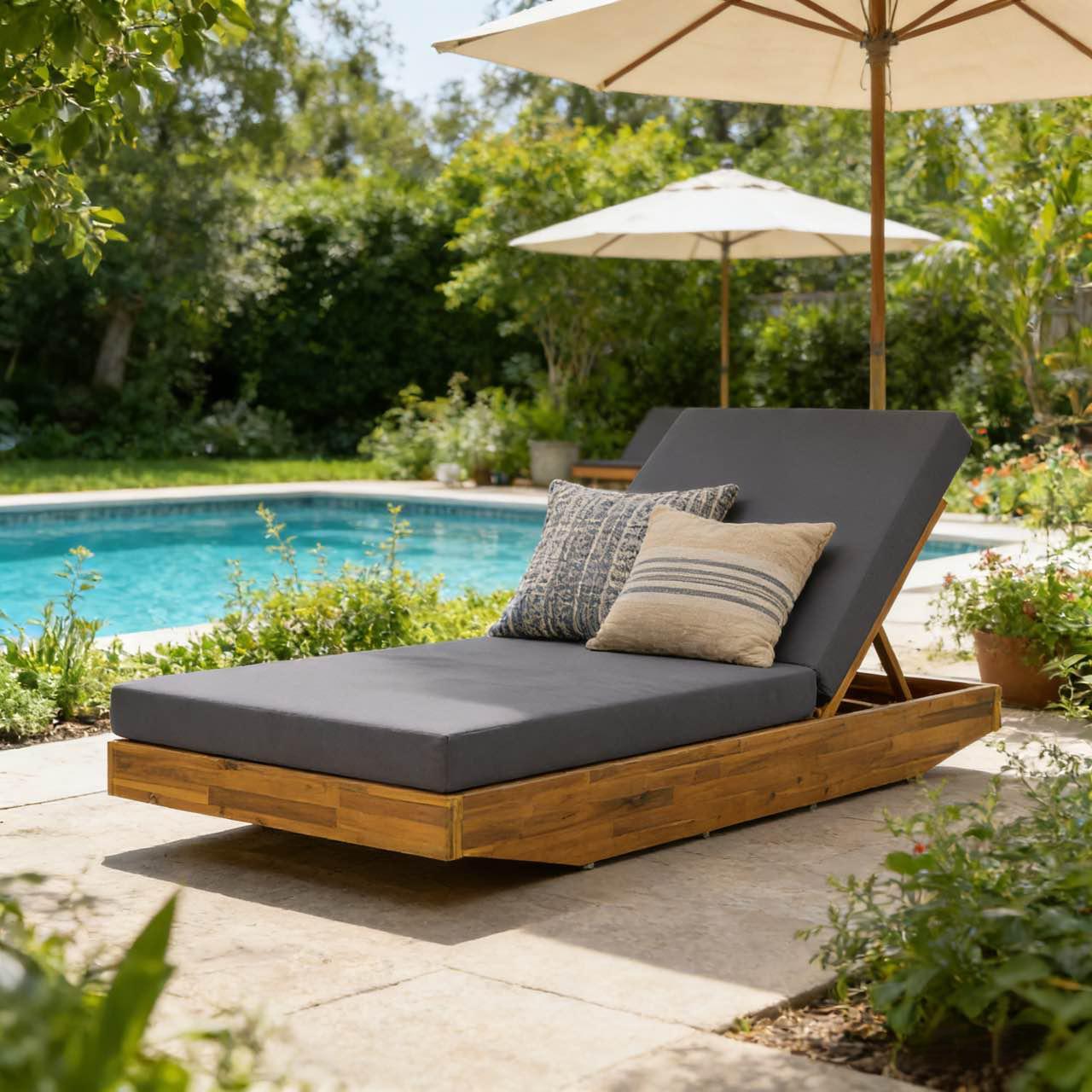 Acacia Wood Chaise Lounge with Cushion - Teak Finish - Image 2