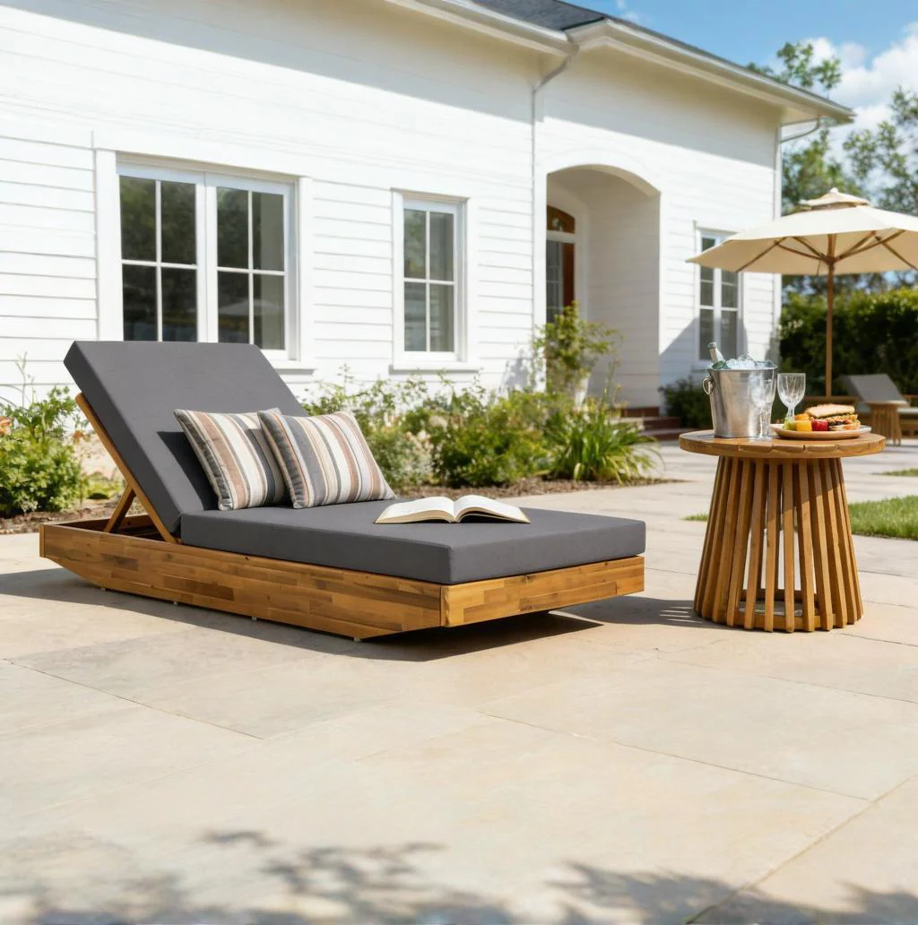 Acacia Wood Chaise Lounge with Cushion - Teak Finish - Image 5