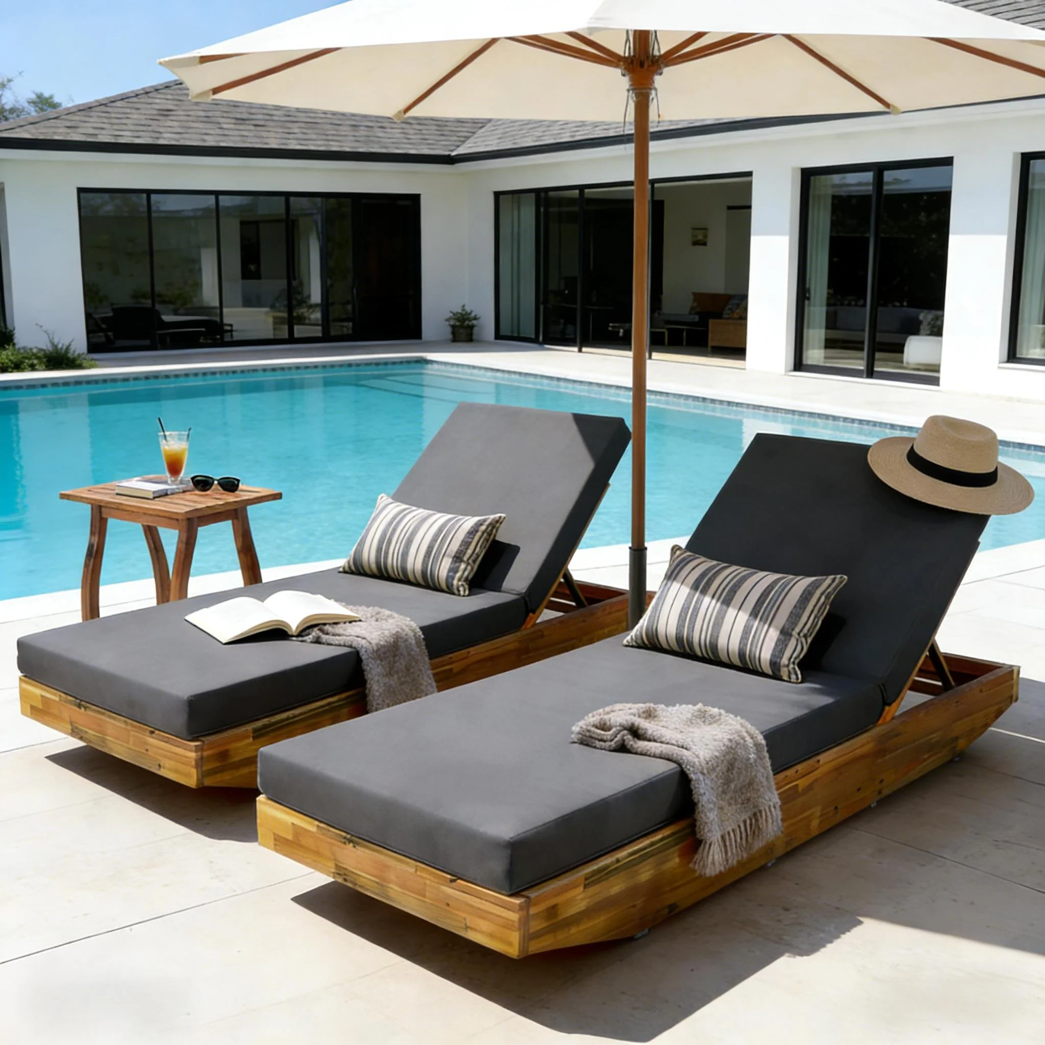 Acacia Wood Chaise Lounge with Cushion - Teak Finish - Image 6