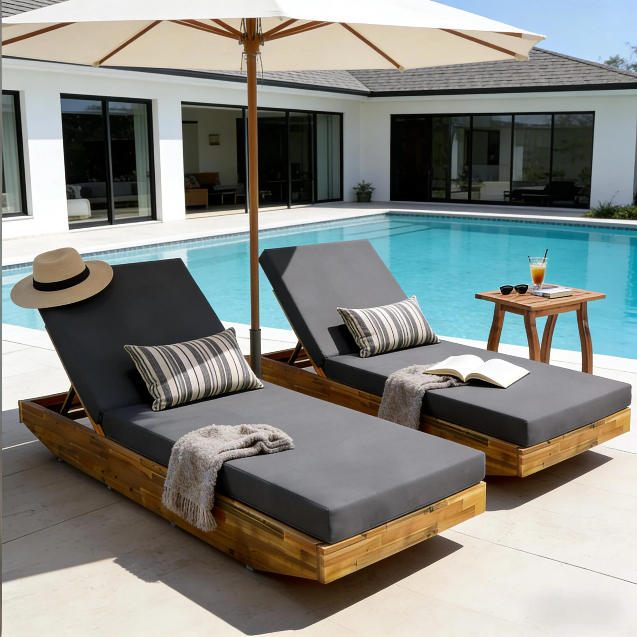 Acacia Wood Chaise Lounge with Cushion - Teak Finish - Image 7