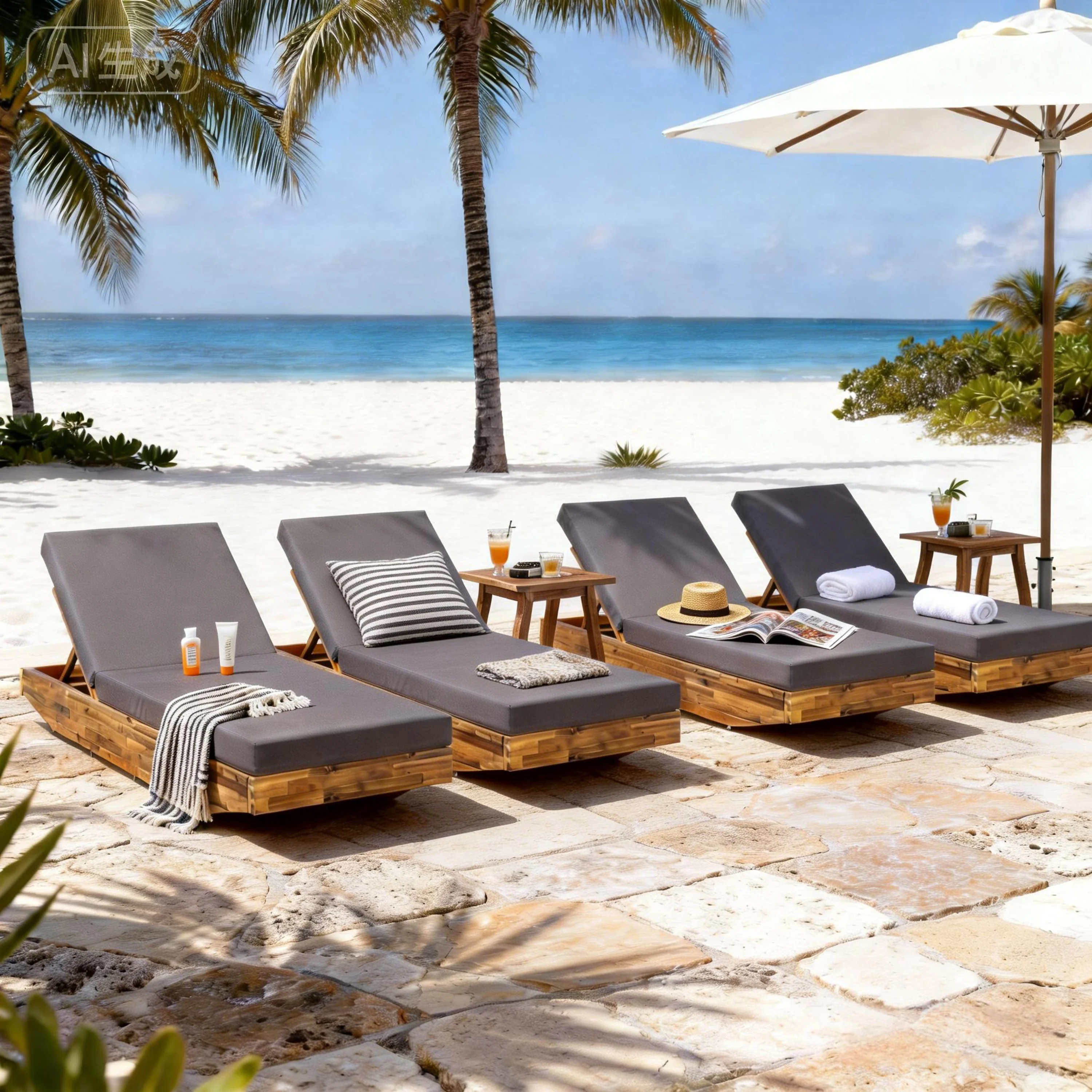 Acacia Wood Chaise Lounge with Cushion - Teak Finish - Image 8