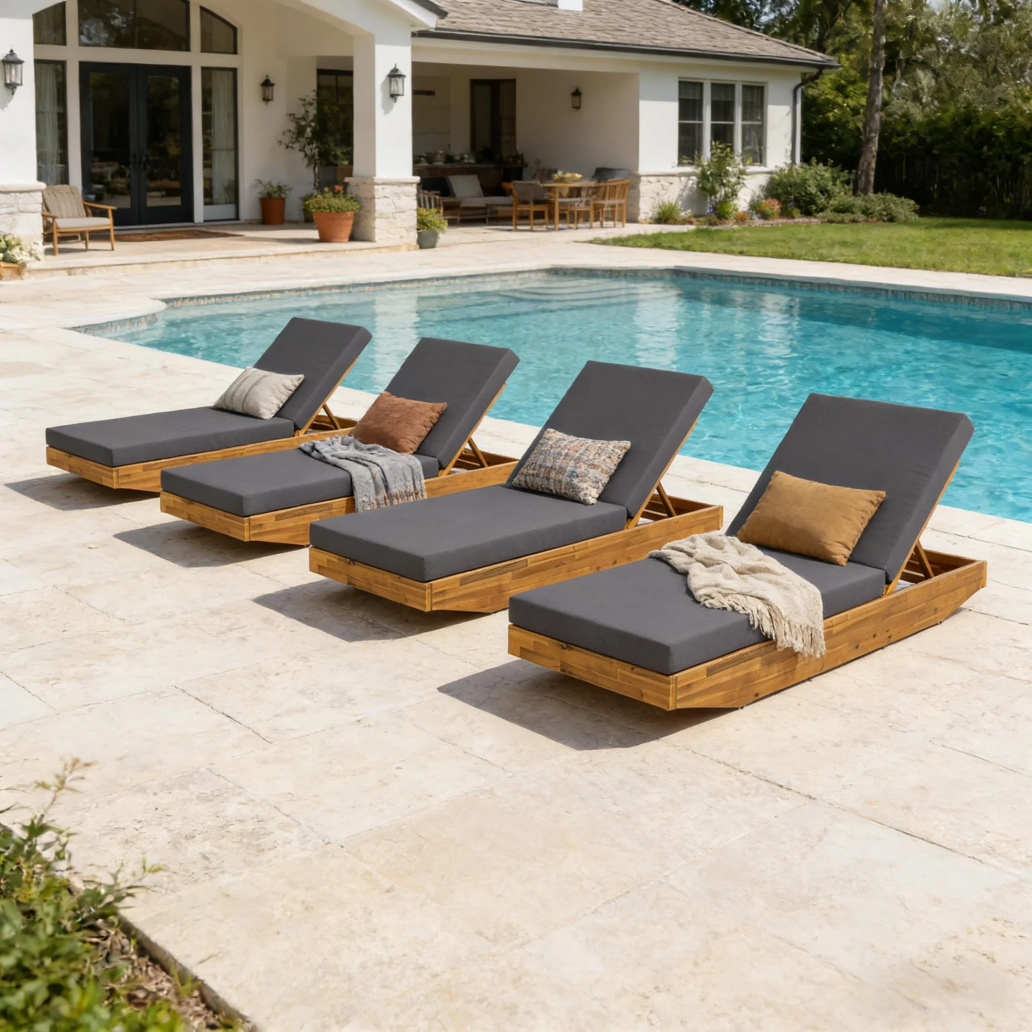 Acacia Wood Chaise Lounge with Cushion - Teak Finish - Image 9