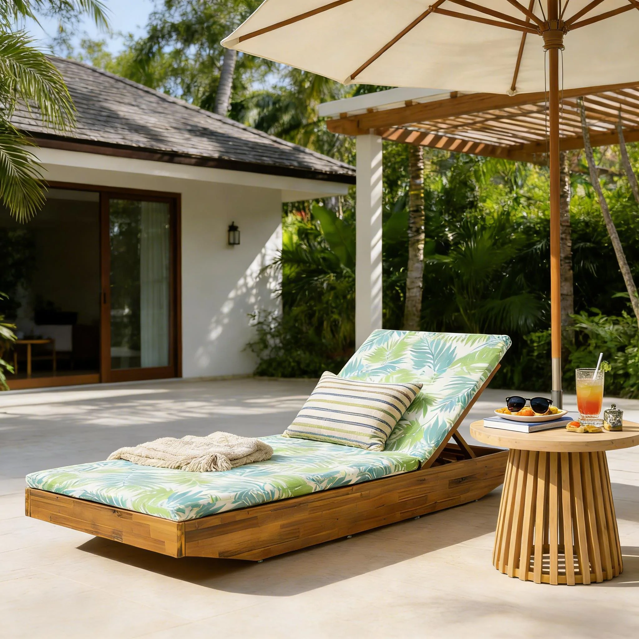 Acacia Wood Chaise Lounge with Teak Finish and Water-Repellent Cushion - Image 2
