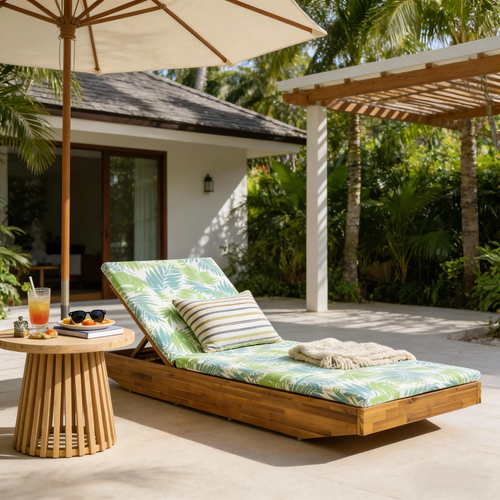 Acacia Wood Chaise Lounge with Teak Finish and Water-Repellent Cushion - Image 5