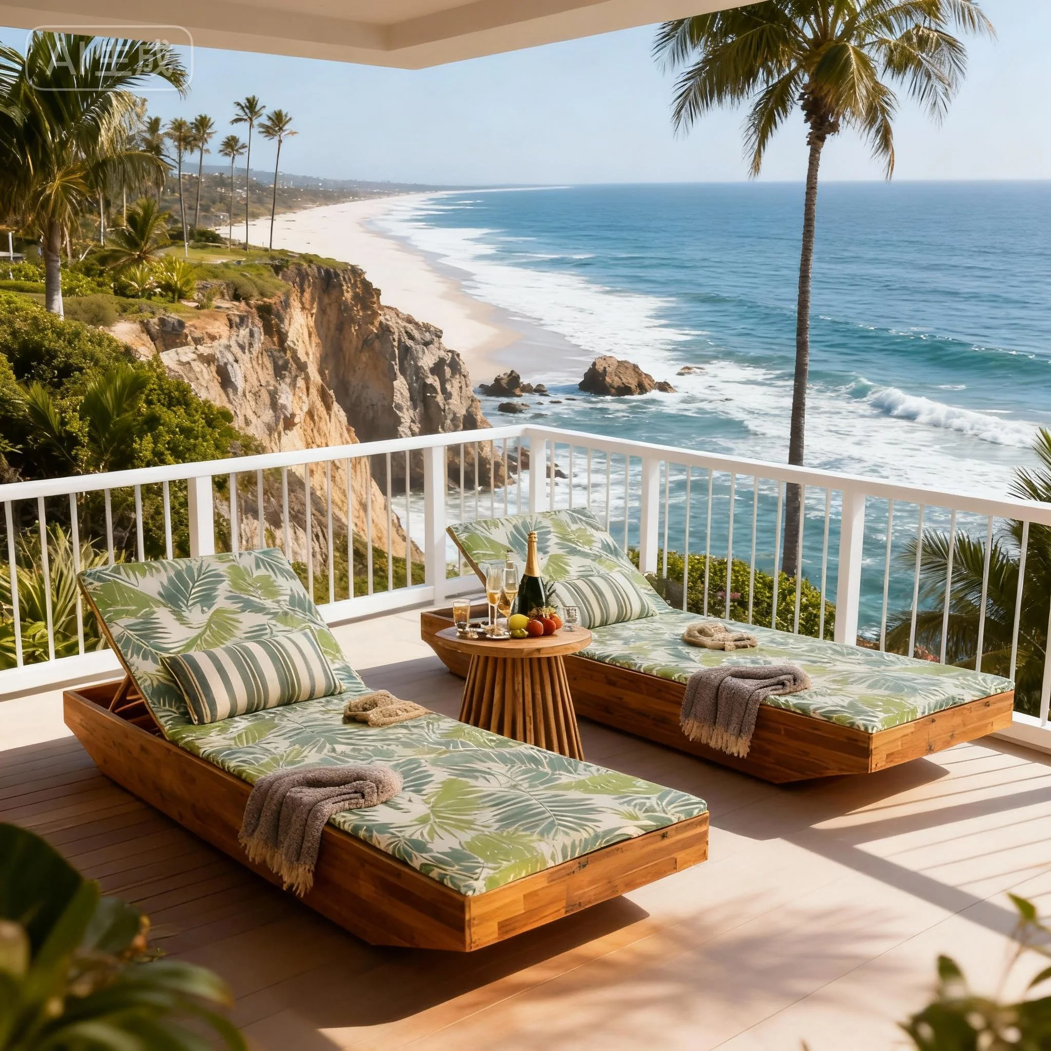 Acacia Wood Chaise Lounge with Teak Finish and Water-Repellent Cushion - Image 7