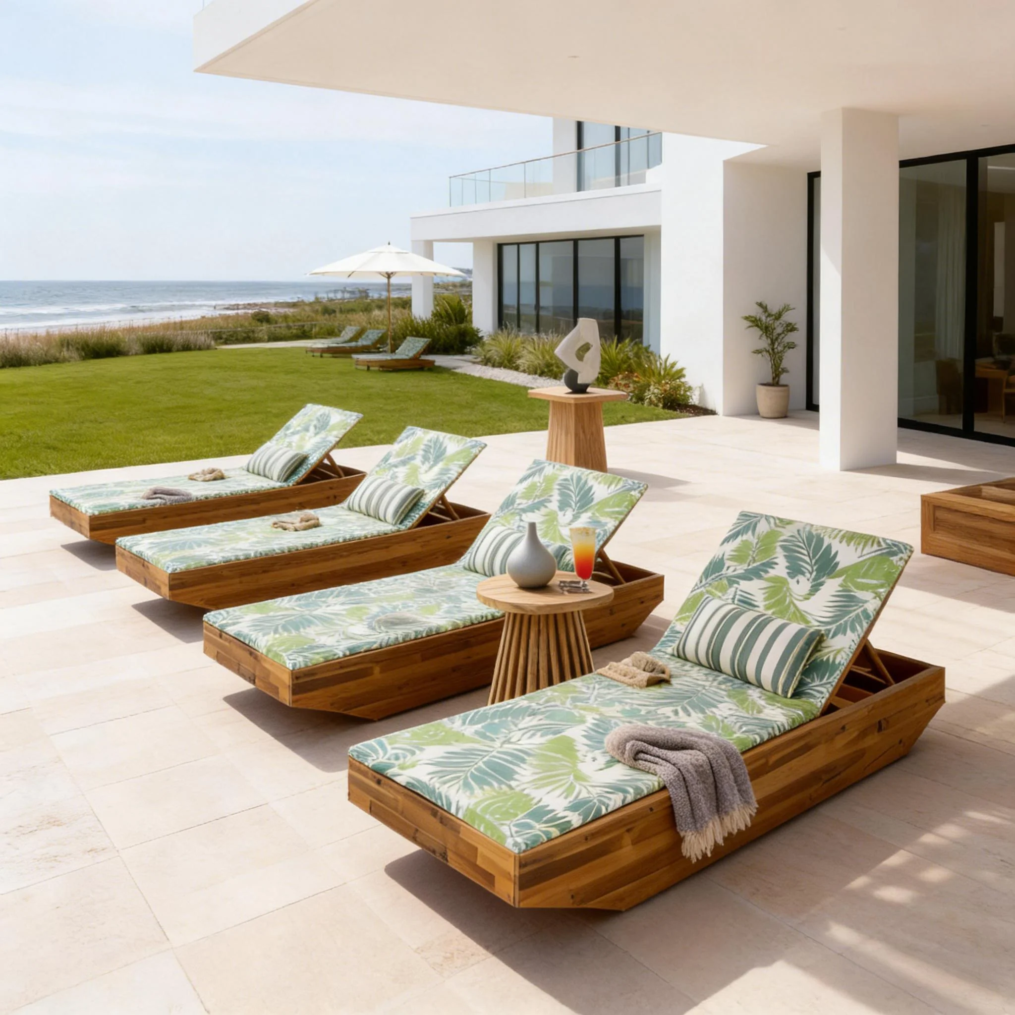 Acacia Wood Chaise Lounge with Teak Finish and Water-Repellent Cushion - Image 8