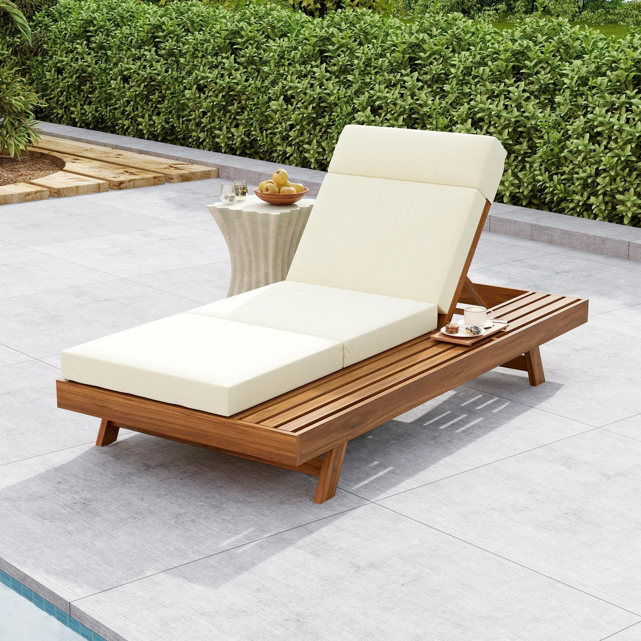 Acacia Wood Lounge Chaise Set With Headrest And Water Resistant Cushions - Beige - Image 3