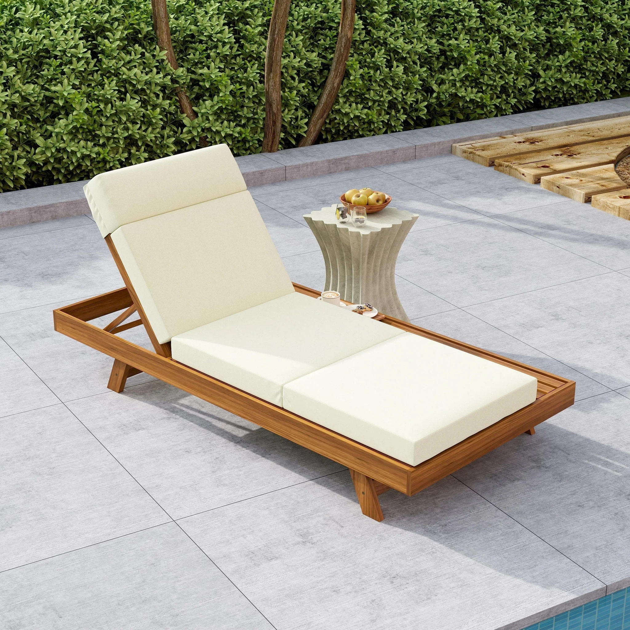 Acacia Wood Lounge Chaise Set With Headrest And Water Resistant Cushions - Beige - Image 4