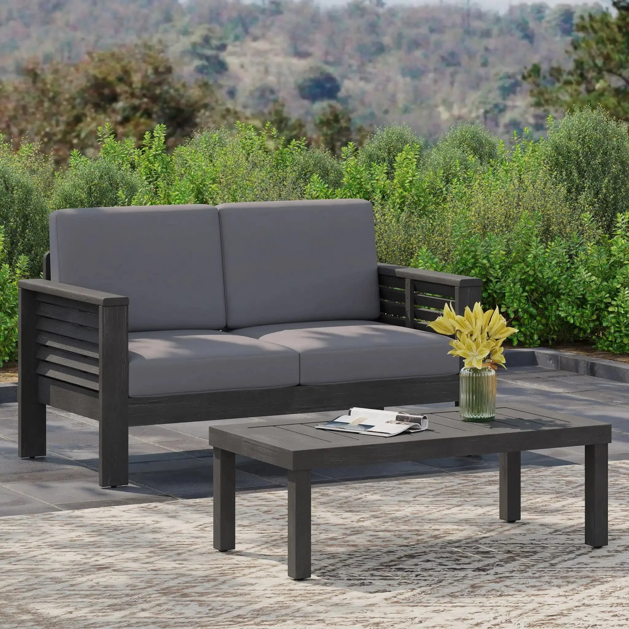 Acacia Wood Loveseat And Coffee Table Set With Cushions - Image 3