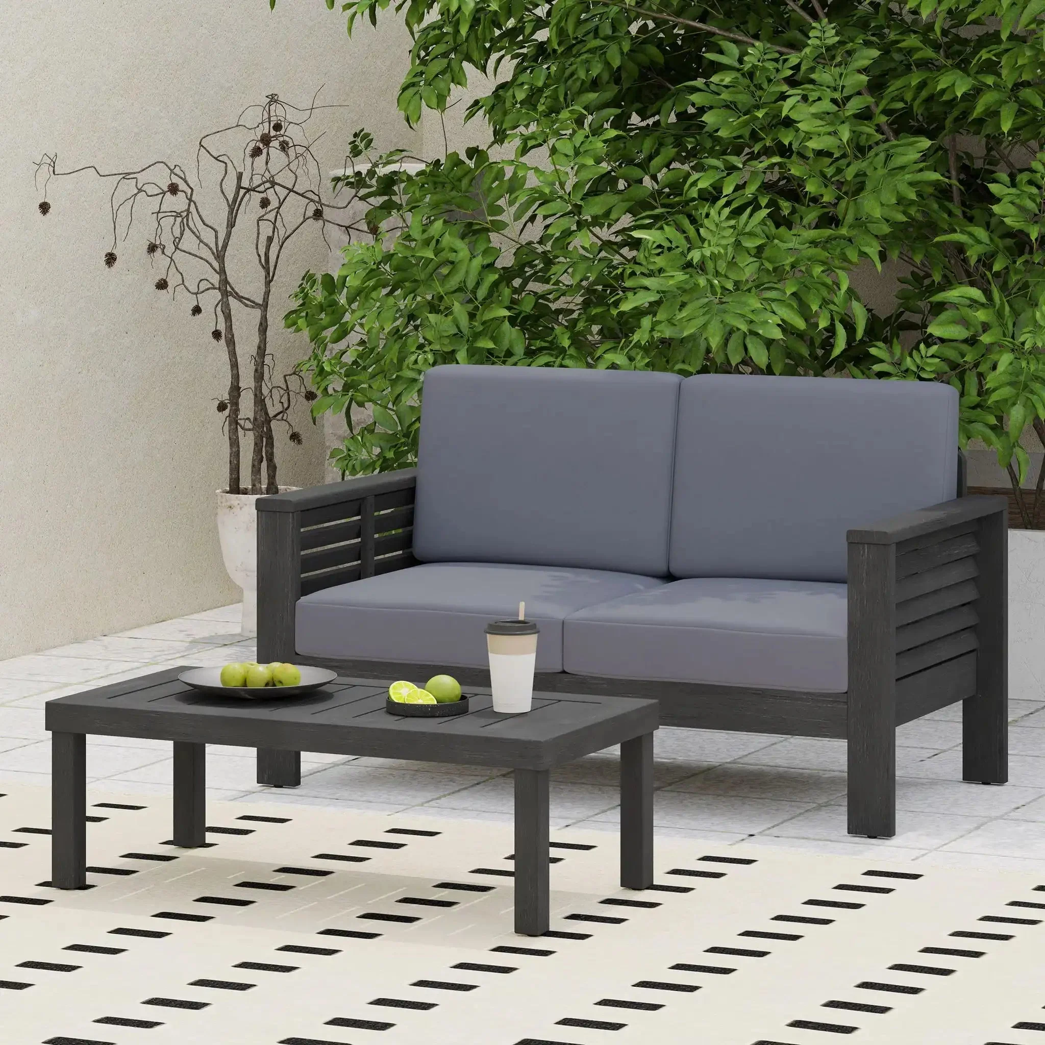 Acacia Wood Loveseat And Coffee Table Set With Cushions - Image 5