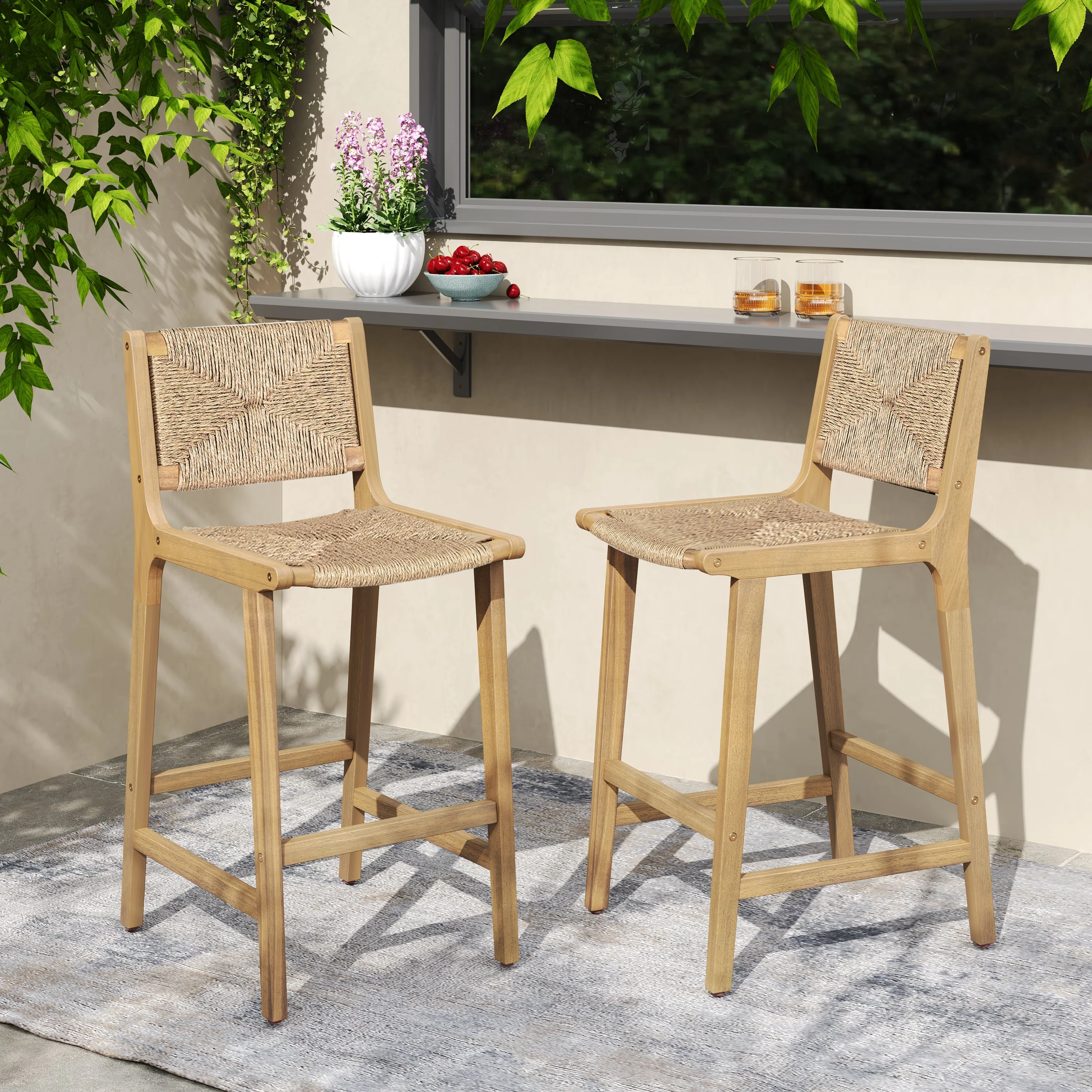 Acacia Wood Outdoor Armless Barstool - Light Teak - Image 2