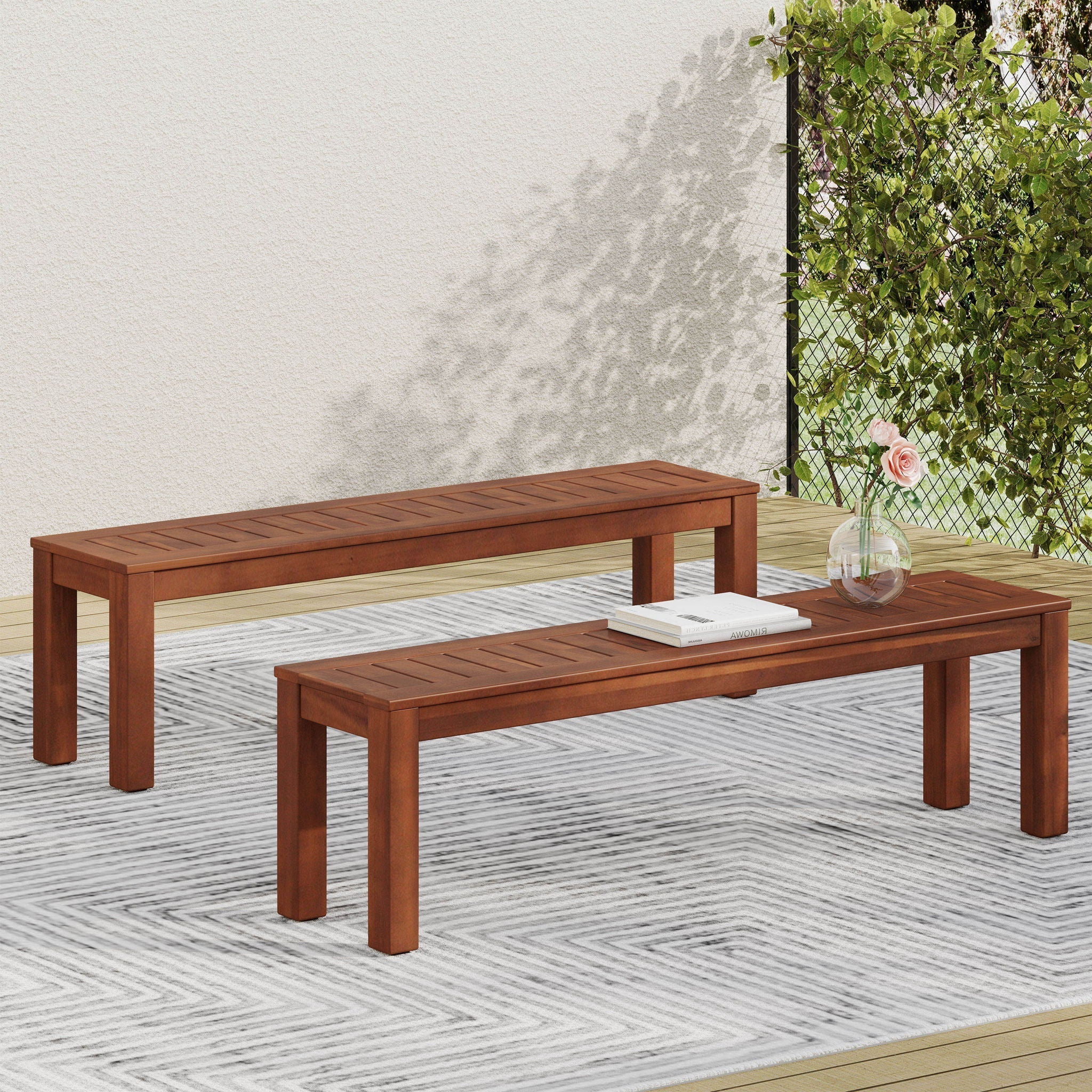 Acacia Wood Outdoor Bench with Beautiful Slat Paneling - Dark Brown - Image 2