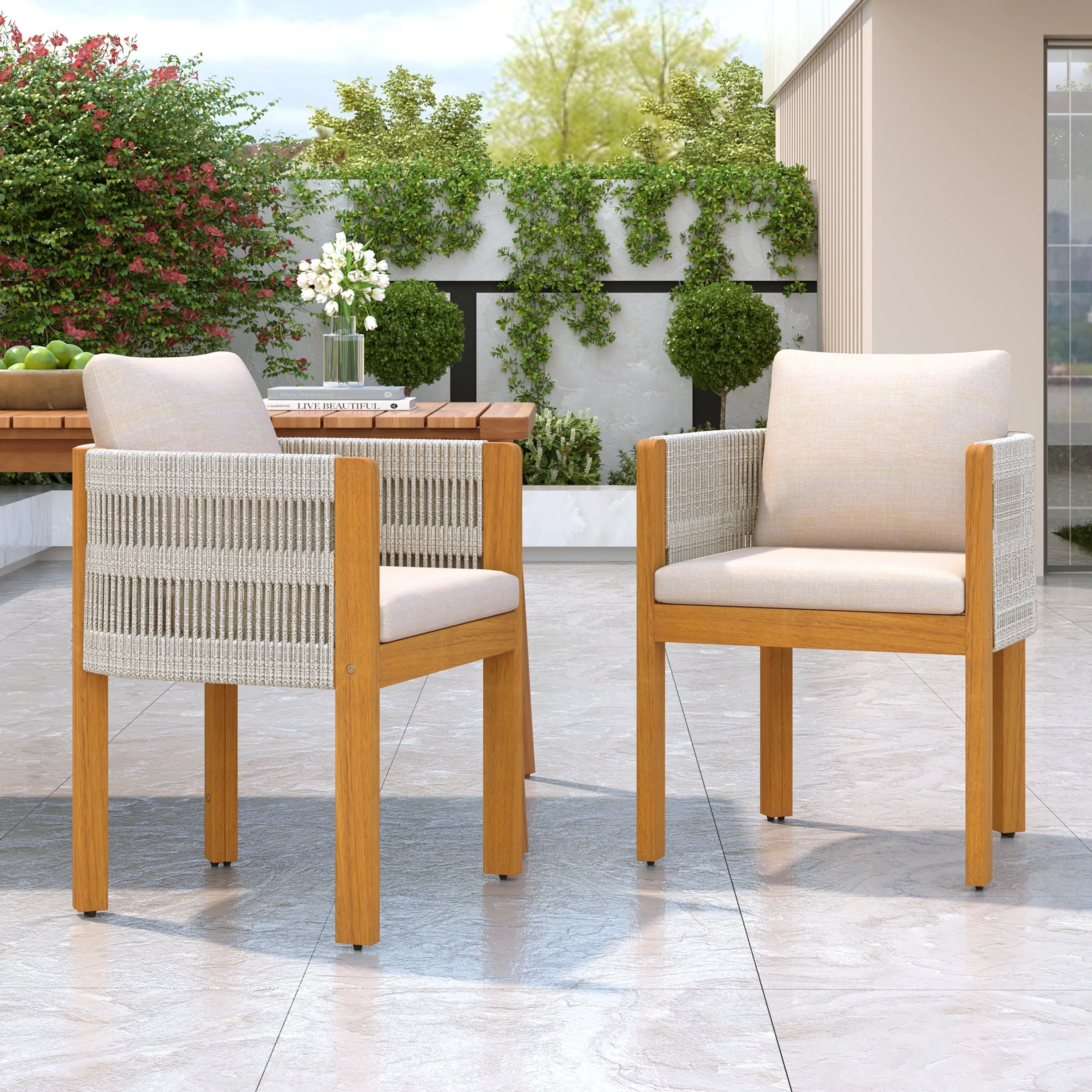 Acacia Wood Outdoor Dining Chairs 2-Pack with Beige Cushions - Image 2