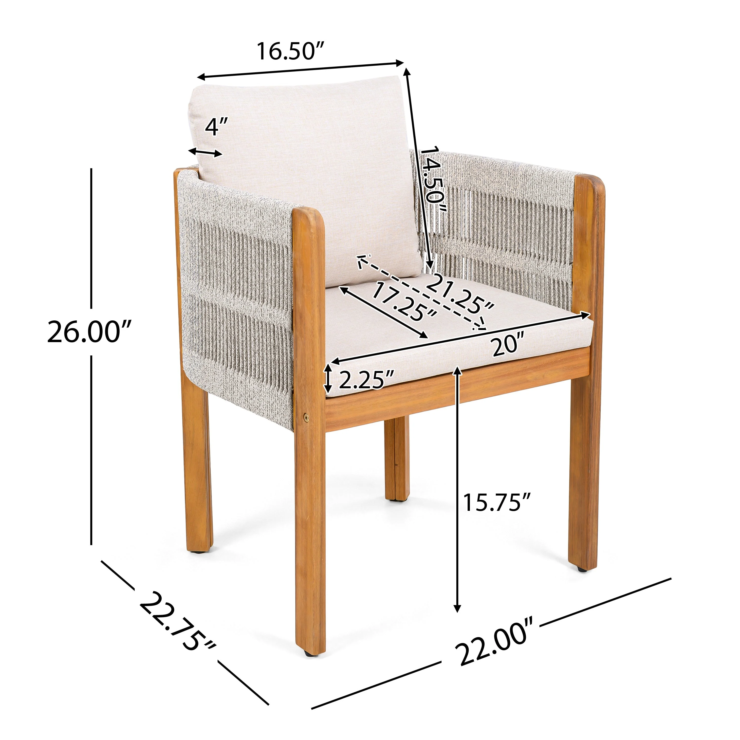 Acacia Wood Outdoor Dining Chairs 2-Pack with Beige Cushions - Image 3