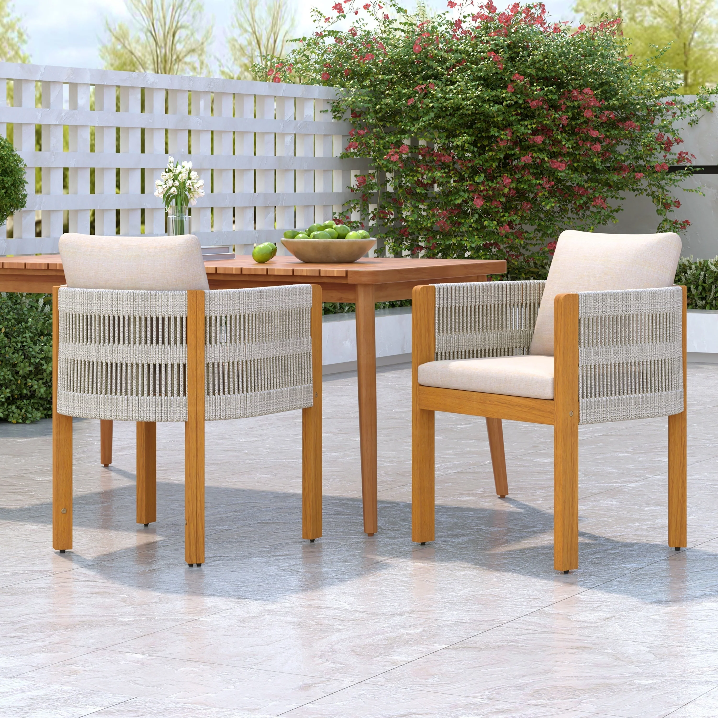 Acacia Wood Outdoor Dining Chairs 2-Pack with Beige Cushions - Image 4