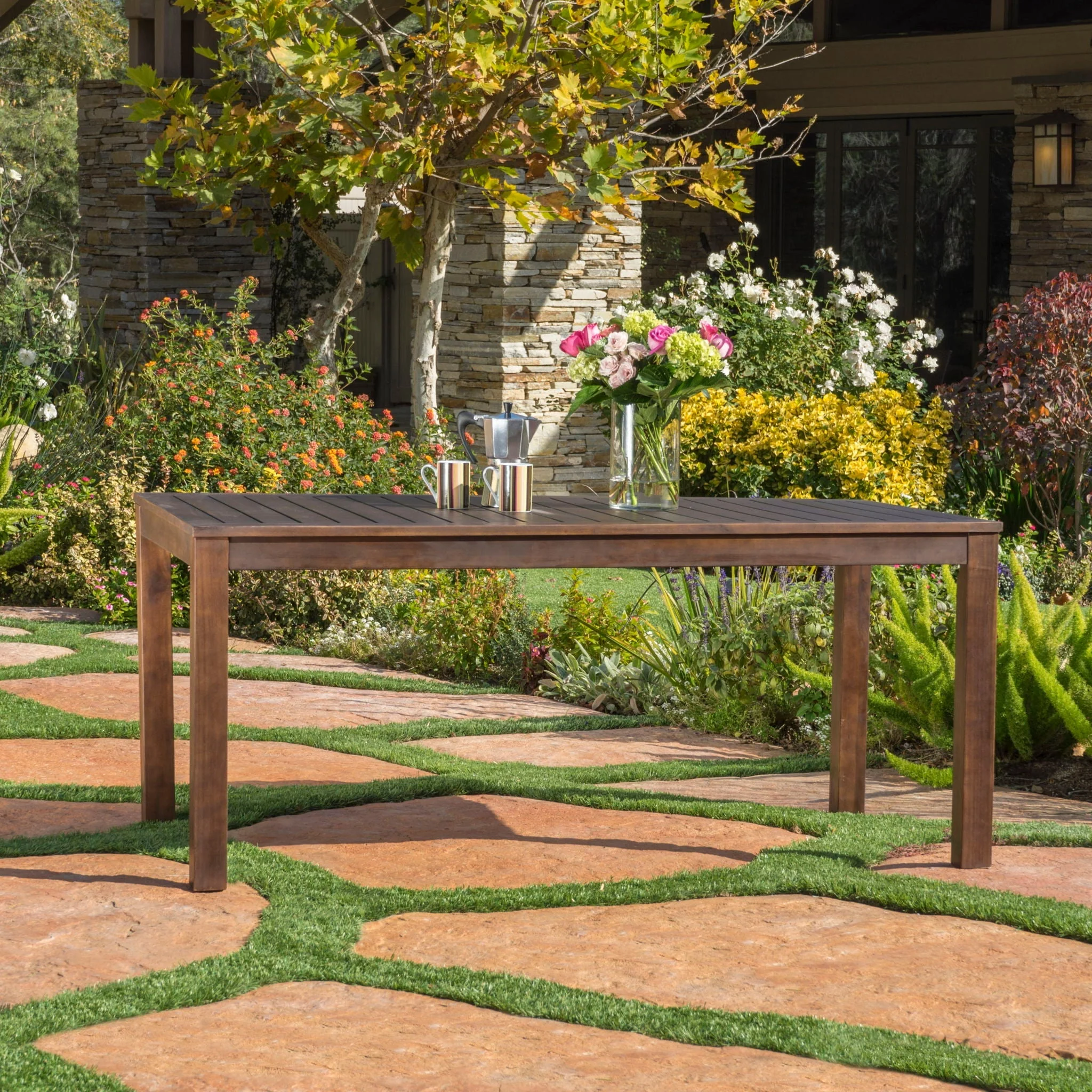 Acacia Wood Outdoor Dining Table With Slatted Top - Dark Brown - Image 4