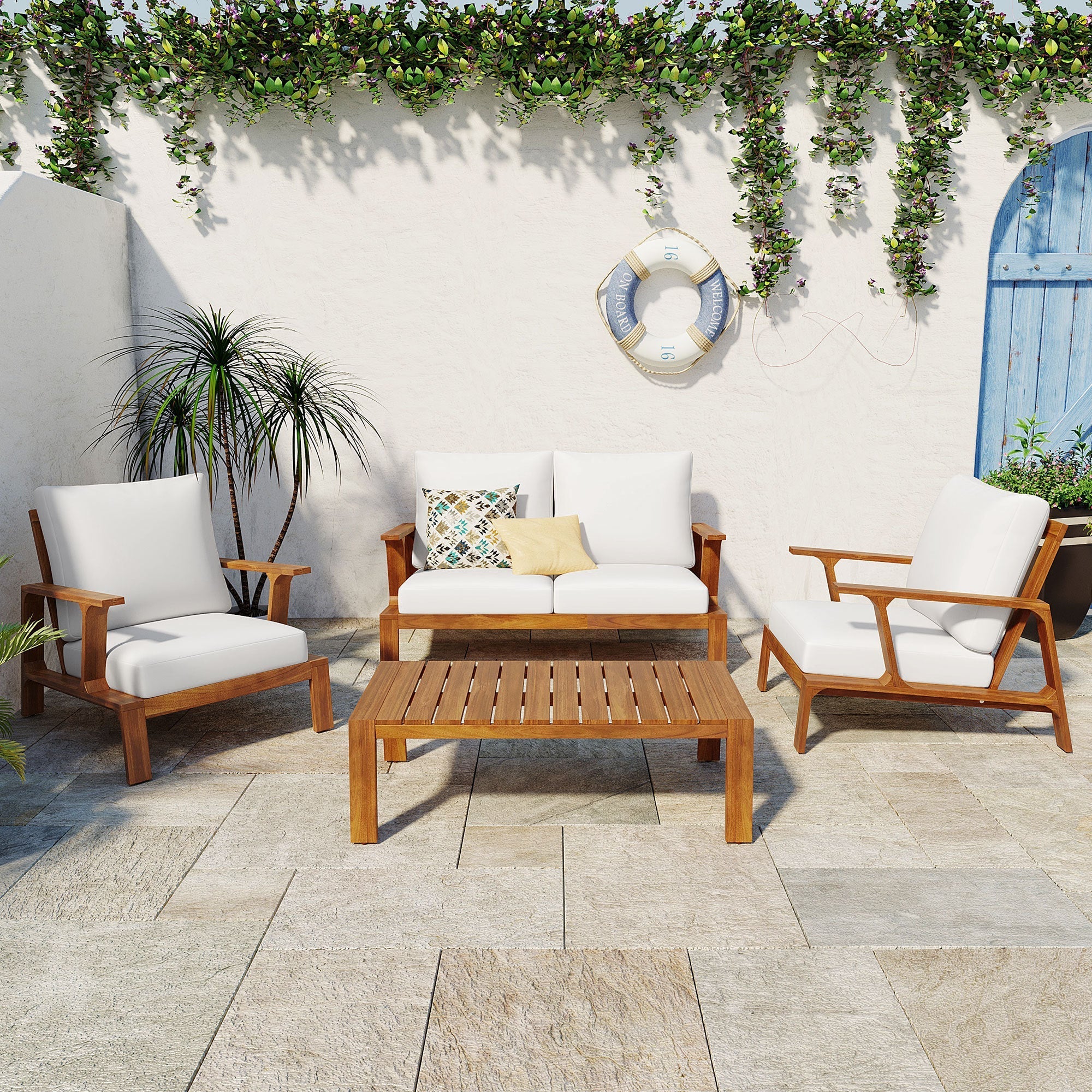 Acacia Wood Outdoor Sofa Set for 4 with Cushions and Coffee Table - Image 2