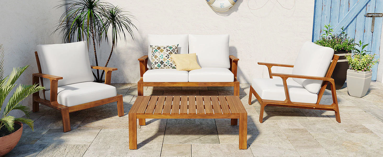 Acacia Wood Outdoor Sofa Set for 4 with Cushions and Coffee Table - Image 25