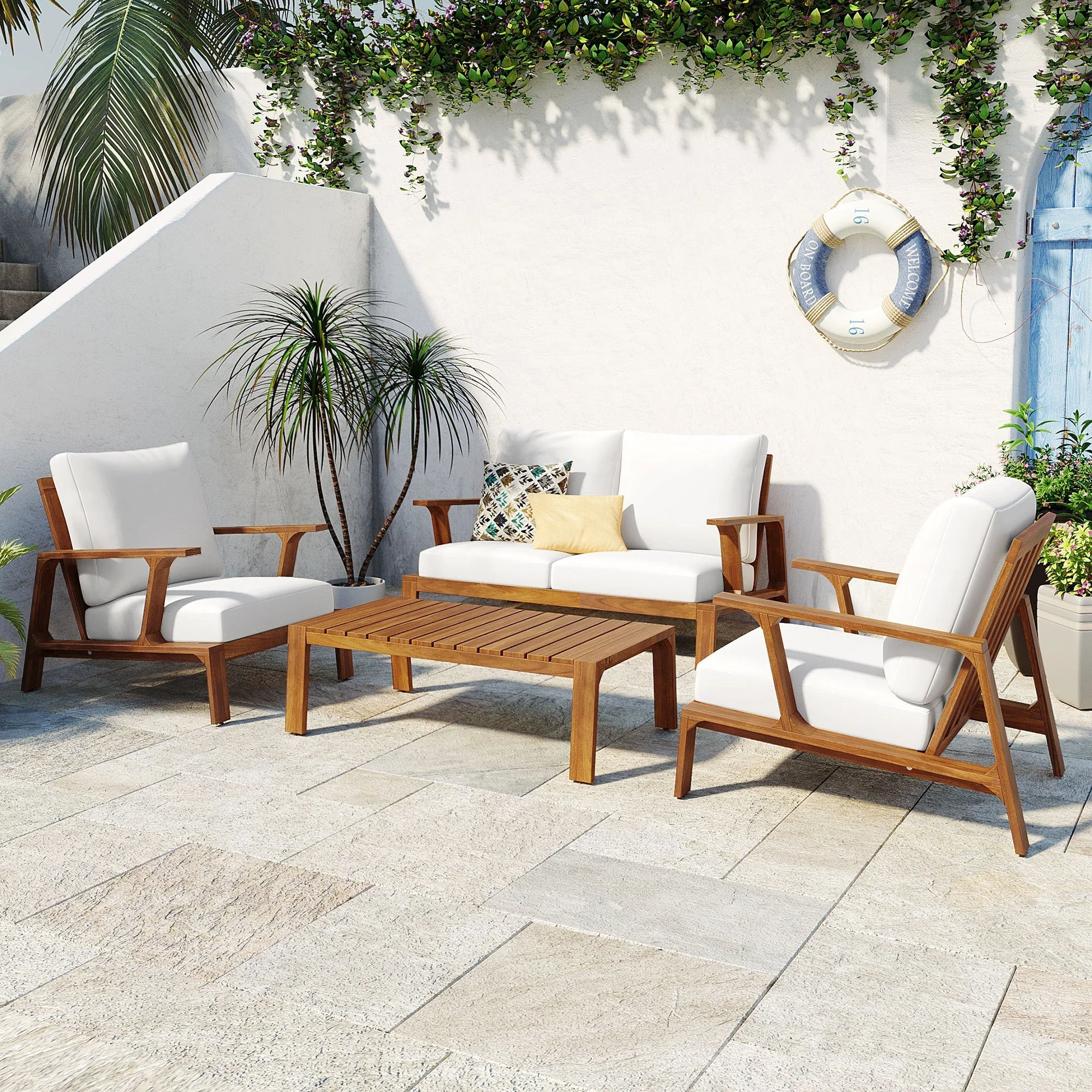 Acacia Wood Outdoor Sofa Set for 4 with Cushions and Coffee Table - Image 4