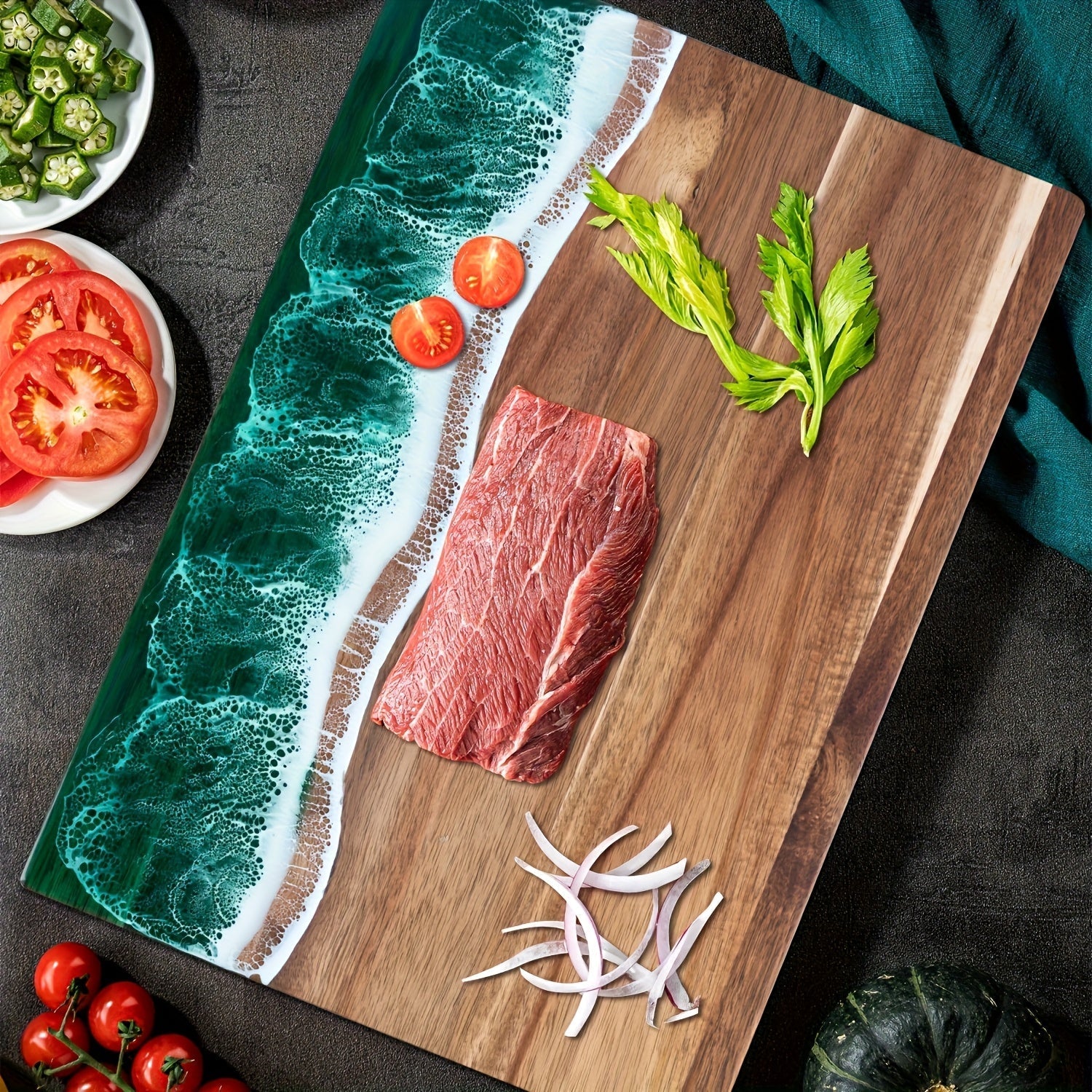Acacia Wood Resin Wave Cutting Board Ocean River Serving Tray 46x23cm - Image 11