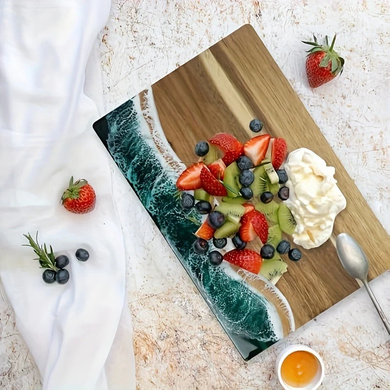 Acacia Wood Resin Wave Cutting Board Ocean River Serving Tray 46x23cm - Image 2