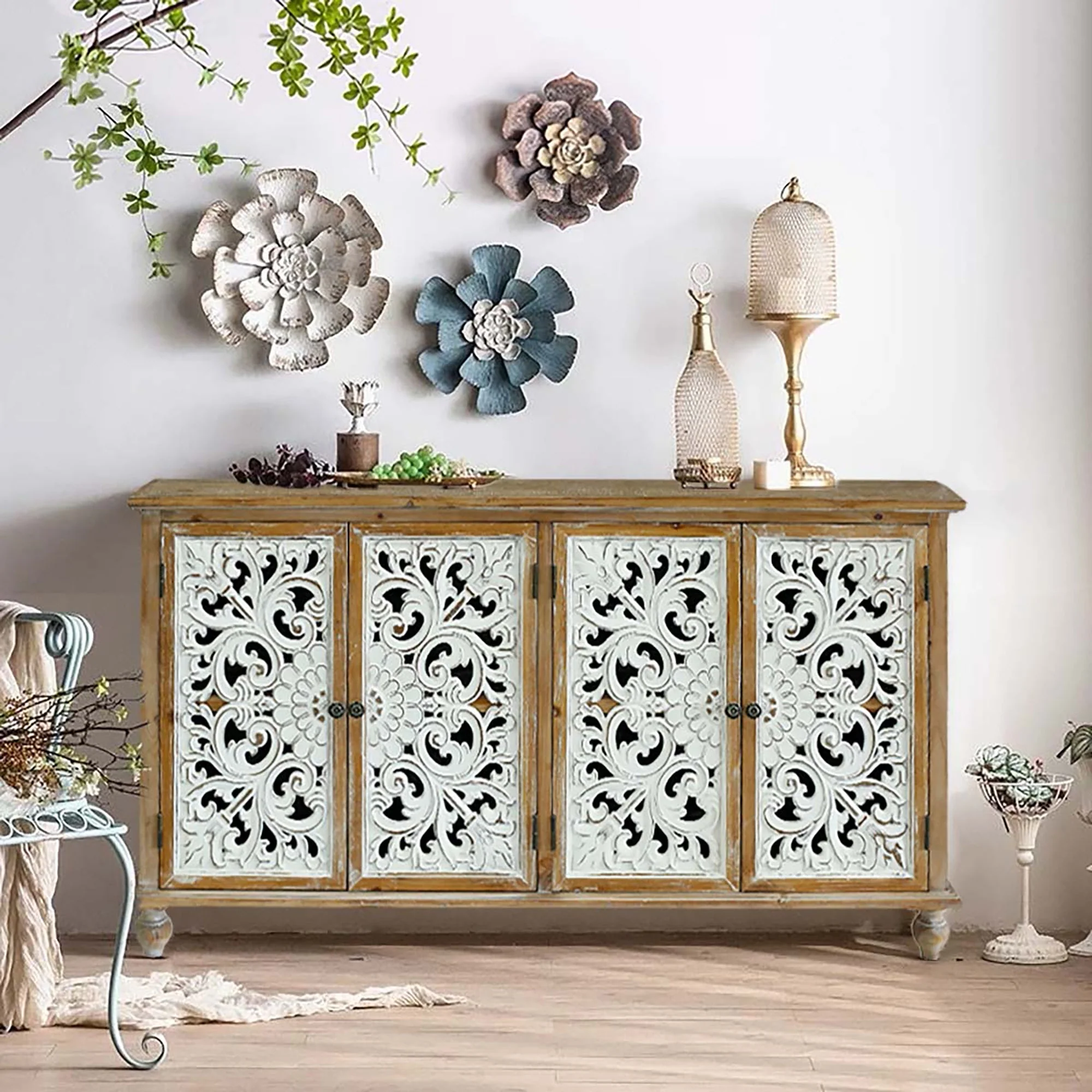 Accent Cabinet With 4 Doors Farmhouse Sideboard Buffet Cabinet