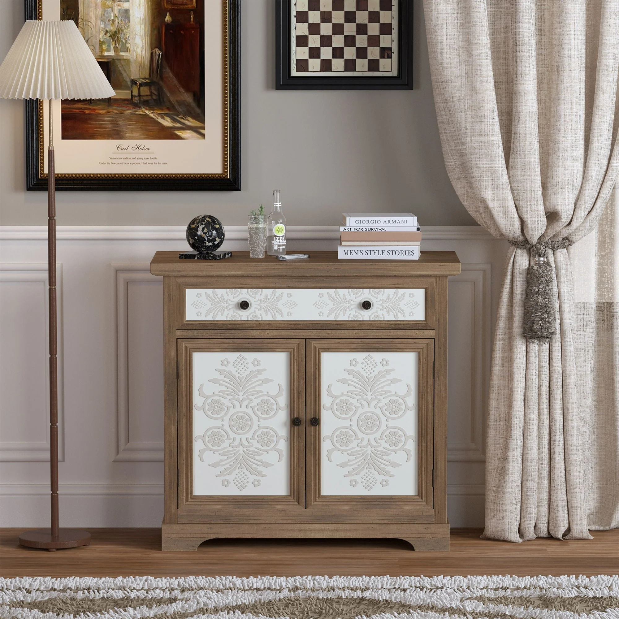 Accent Cabinet With Carved Floral Panels, Sideboard With Drawer And Double Doors - Antique Brown / White - Image 2