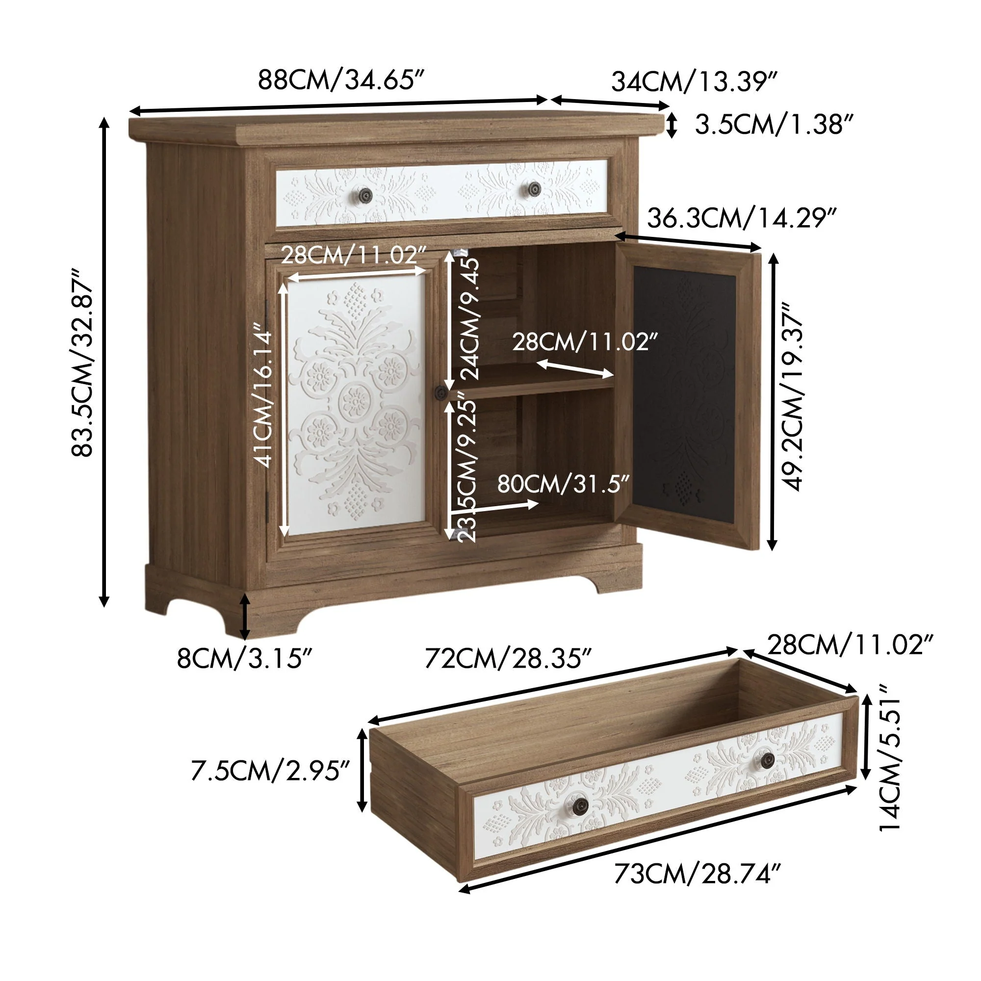 Accent Cabinet With Carved Floral Panels, Sideboard With Drawer And Double Doors - Antique Brown / White - Image 4