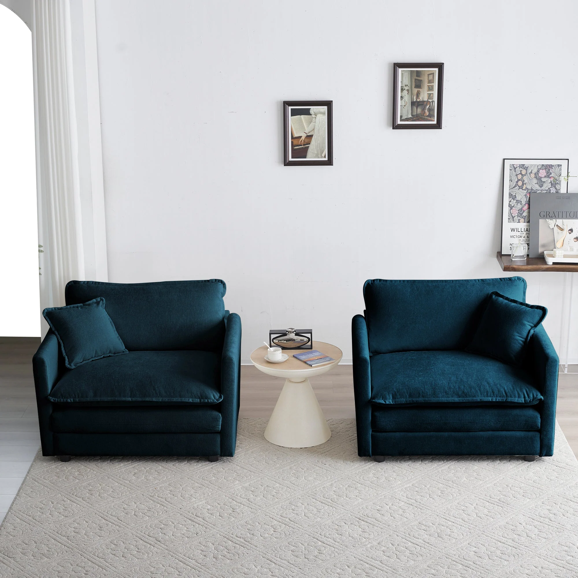 Accent Chair Set of 2, Blue Chenille Upholstered Armchairs - Image 2