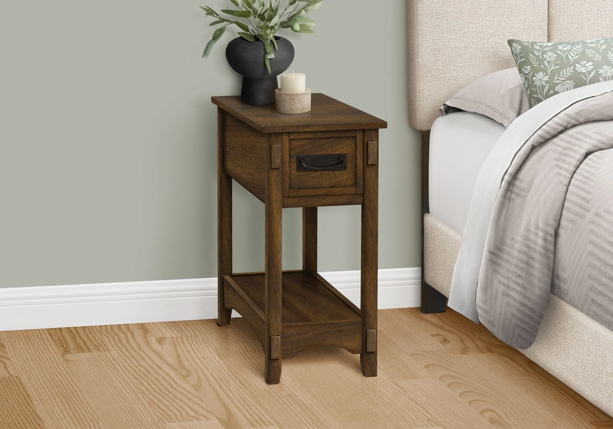 Accent End Table, 2 Tier, Narrow, Storage Drawer, Transitional - Walnut - Image 4