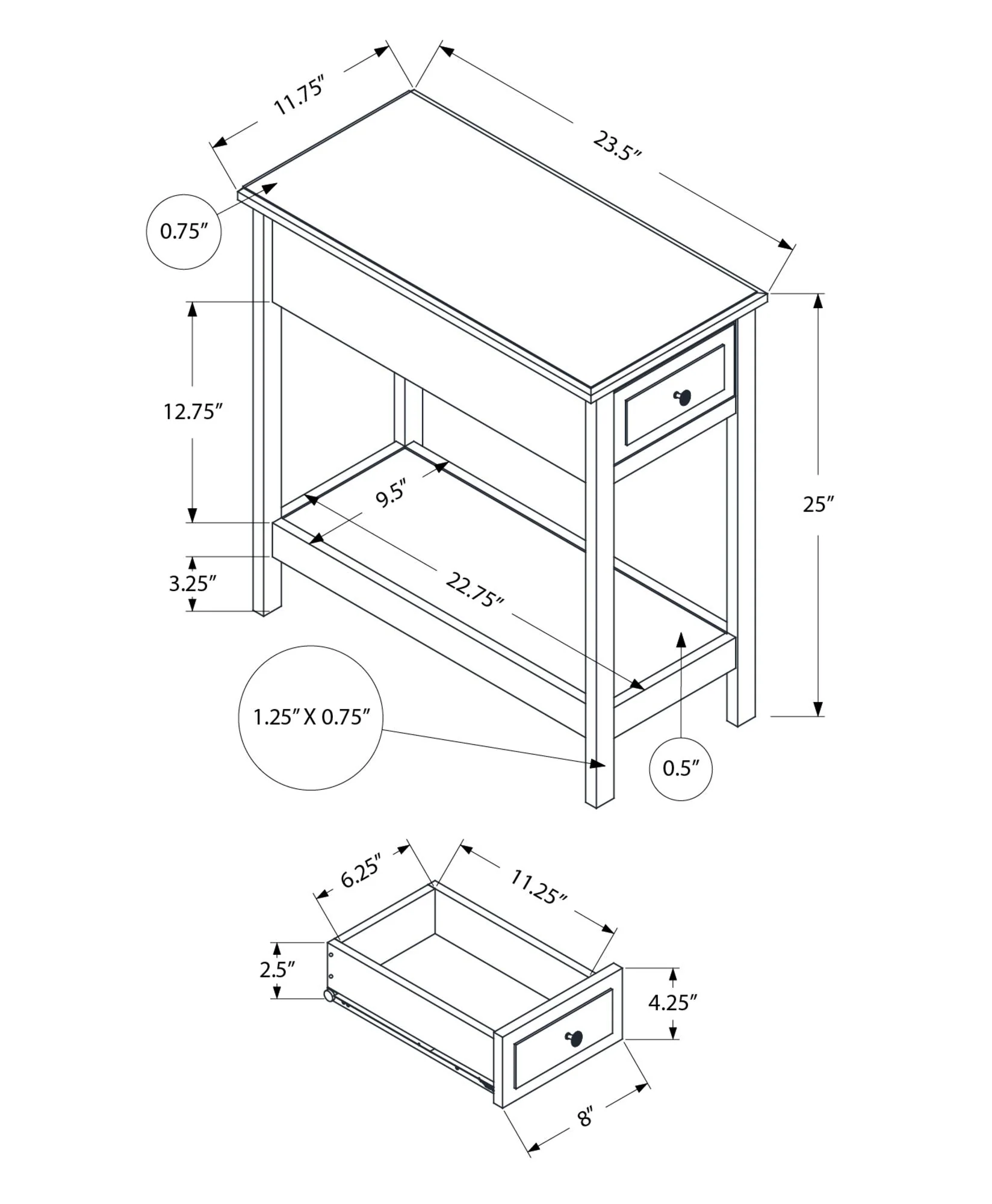 Accent End Table, 2 Tier, Storage Drawer, Transitional - Walnut - Image 3