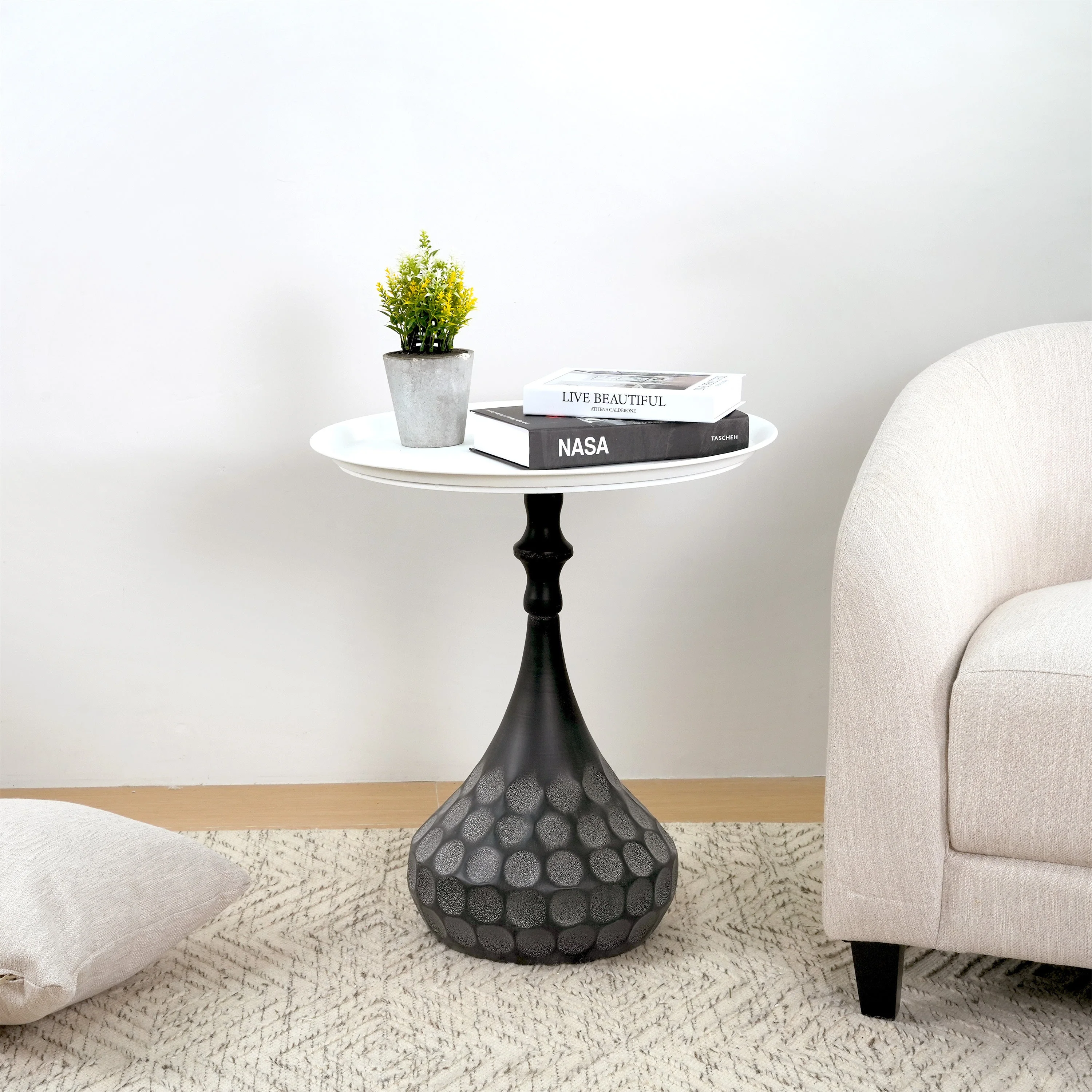 Accent Metal Coffee Table, Pedestal Table for Living Room, Hand-hammered Texture, White+Black - Image 2