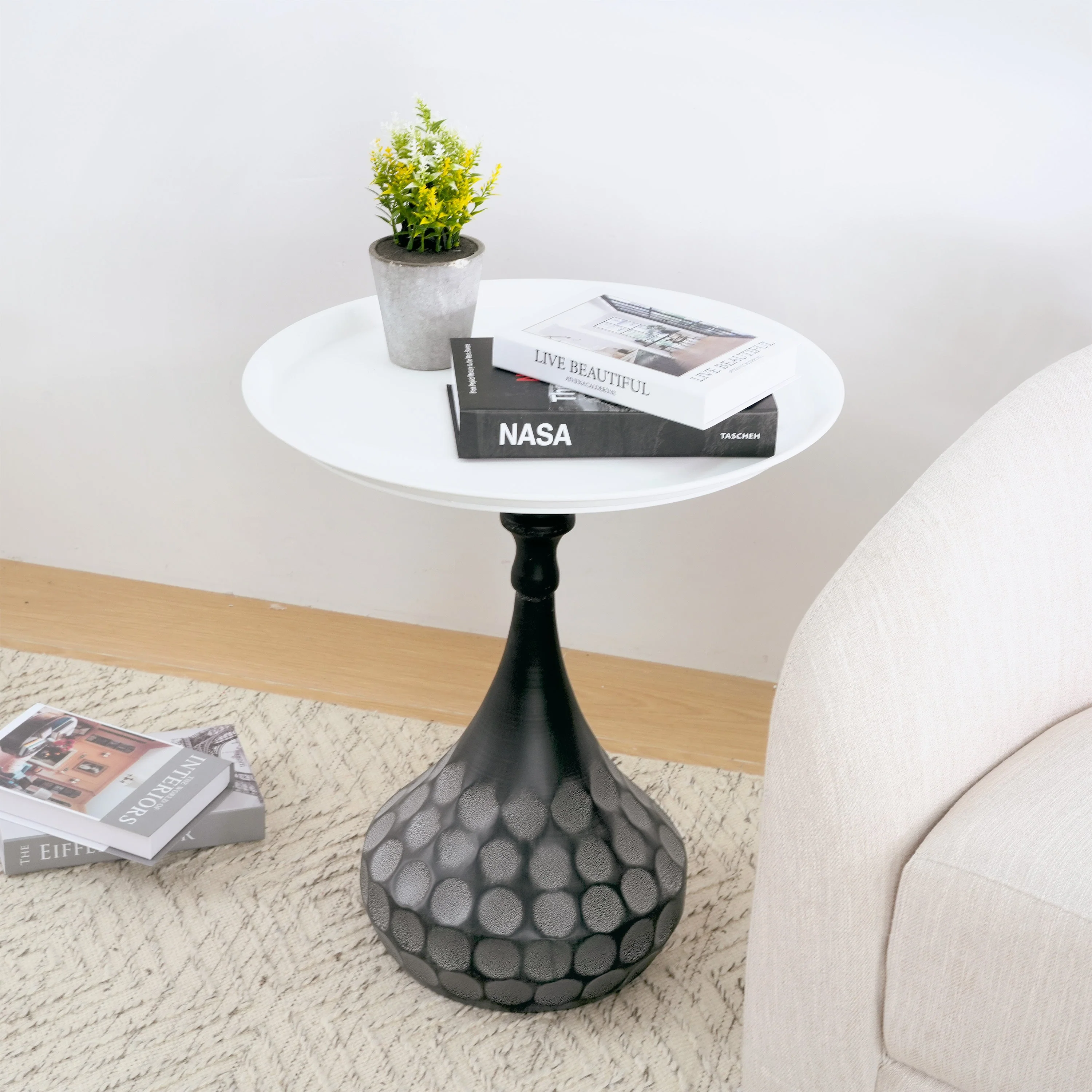 Accent Metal Coffee Table, Pedestal Table for Living Room, Hand-hammered Texture, White+Black - Image 3