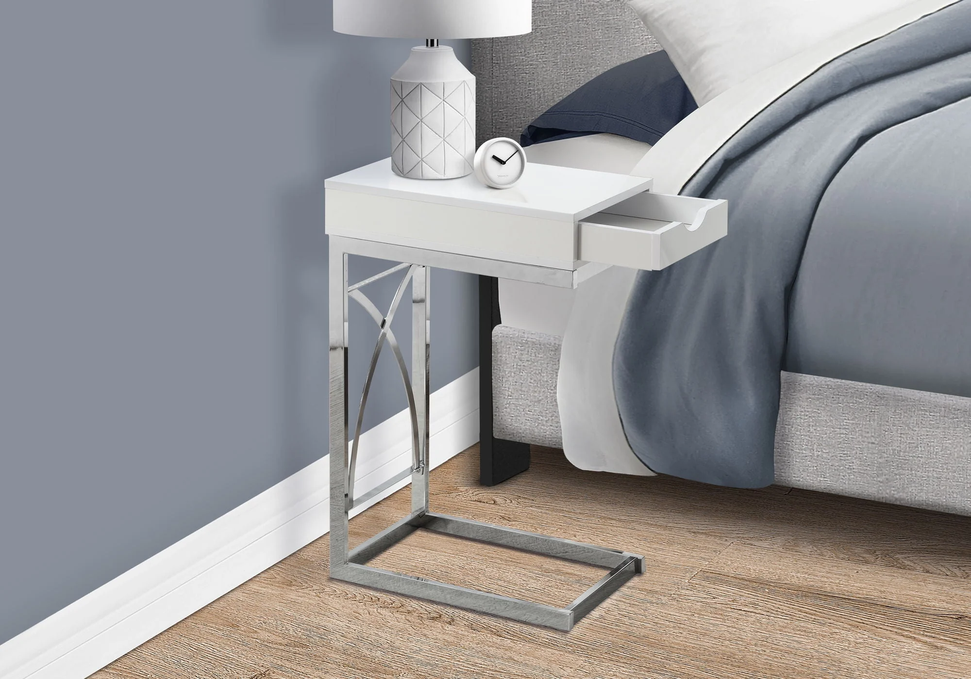 Accent Table, C-Shaped Glossy Contemporary & Modern - White - Image 3