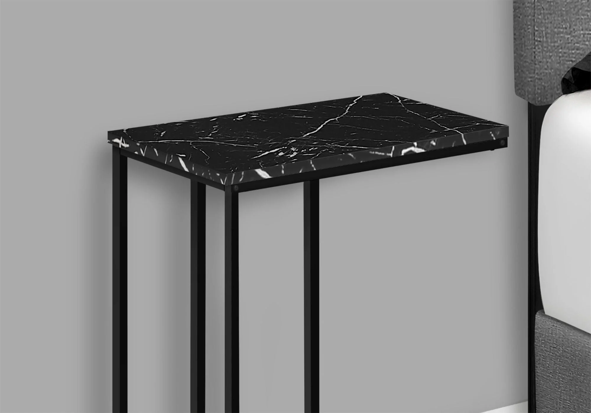 Accent Table, C-Shaped, Marble Look Modern Design - Black - Image 2
