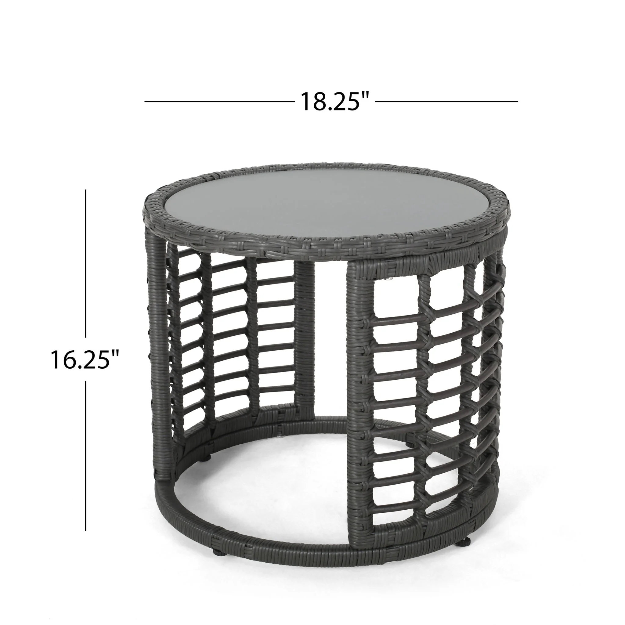 Achill Outdoor Modern Boho Wicker Side Table With Glass Top - Gray - Image 2