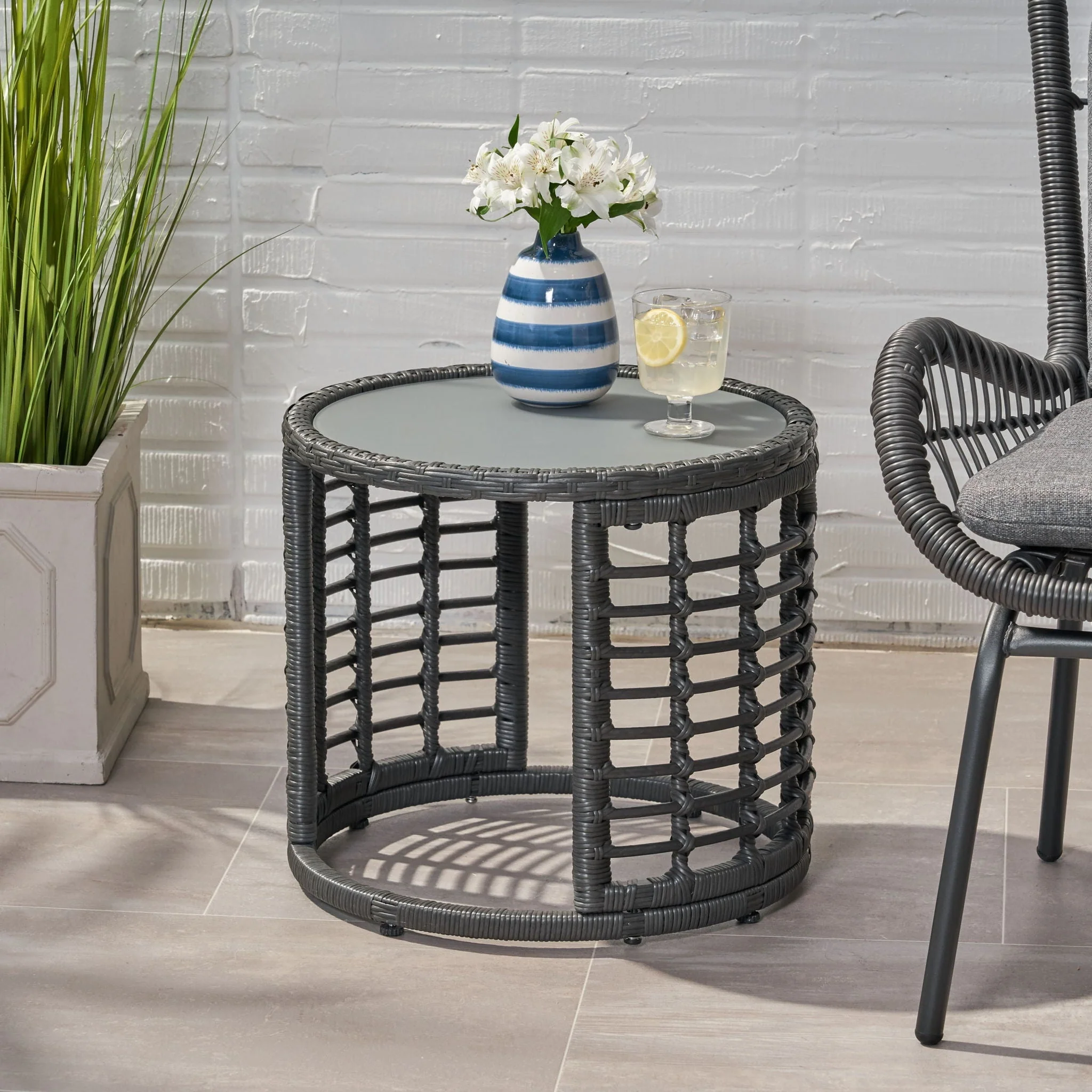 Achill Outdoor Modern Boho Wicker Side Table With Glass Top - Gray - Image 3