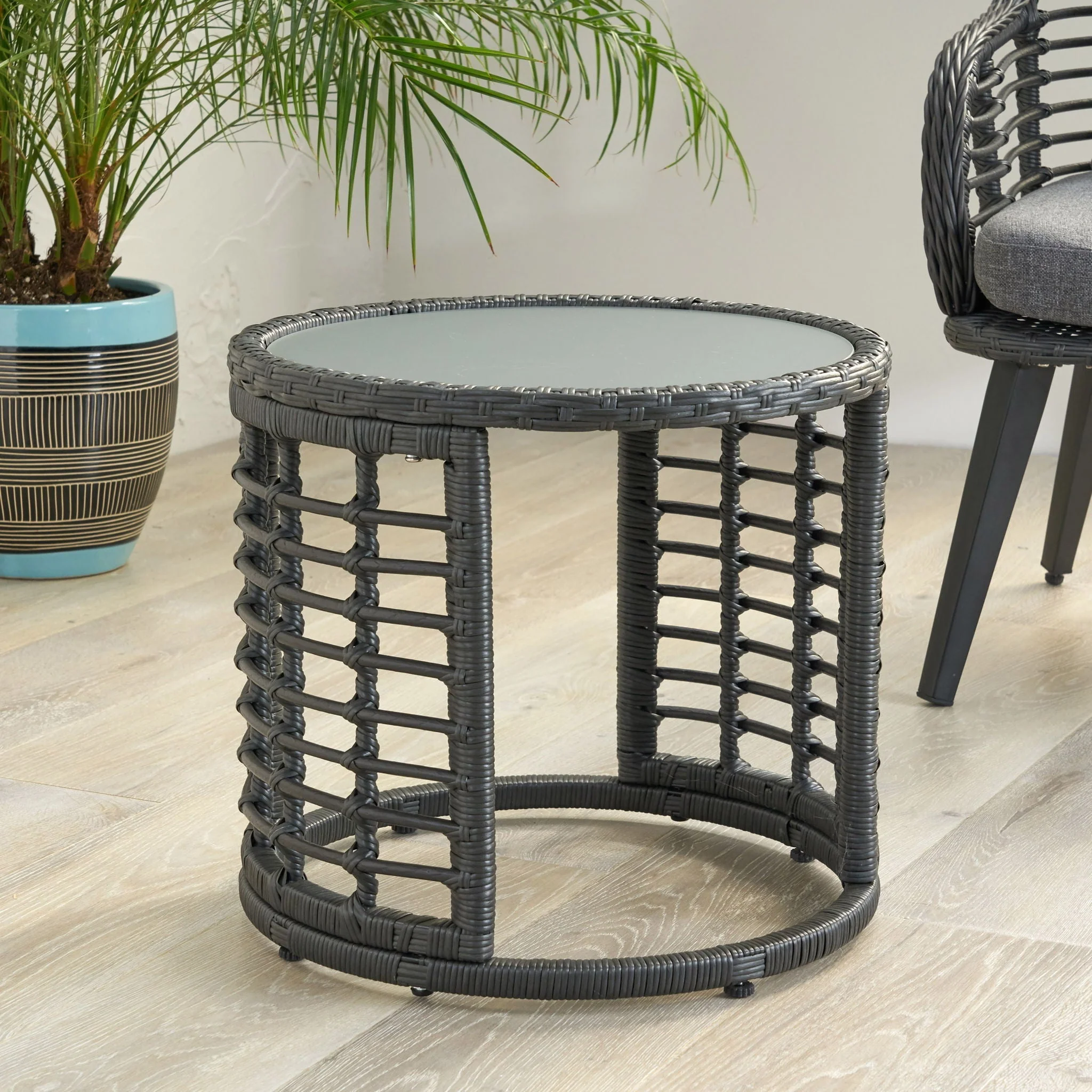 Achill Outdoor Modern Boho Wicker Side Table With Glass Top - Gray - Image 4