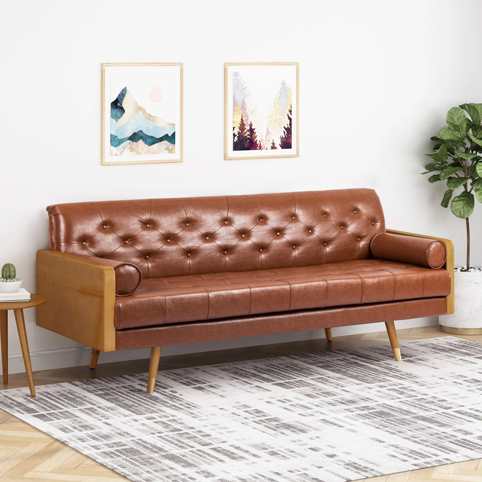 Adelaide Mid Century Modern Tufted Sofa with Rolled Accent Pillows - Light Brown - Image 3