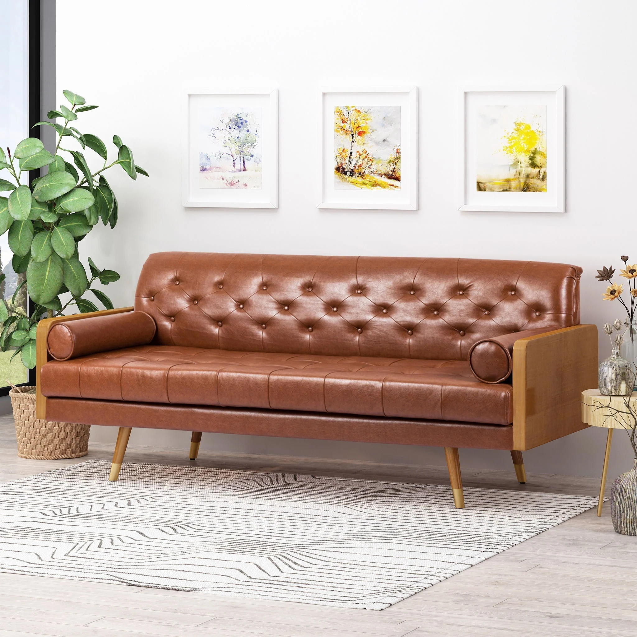 Adelaide Mid Century Modern Tufted Sofa with Rolled Accent Pillows - Light Brown - Image 4