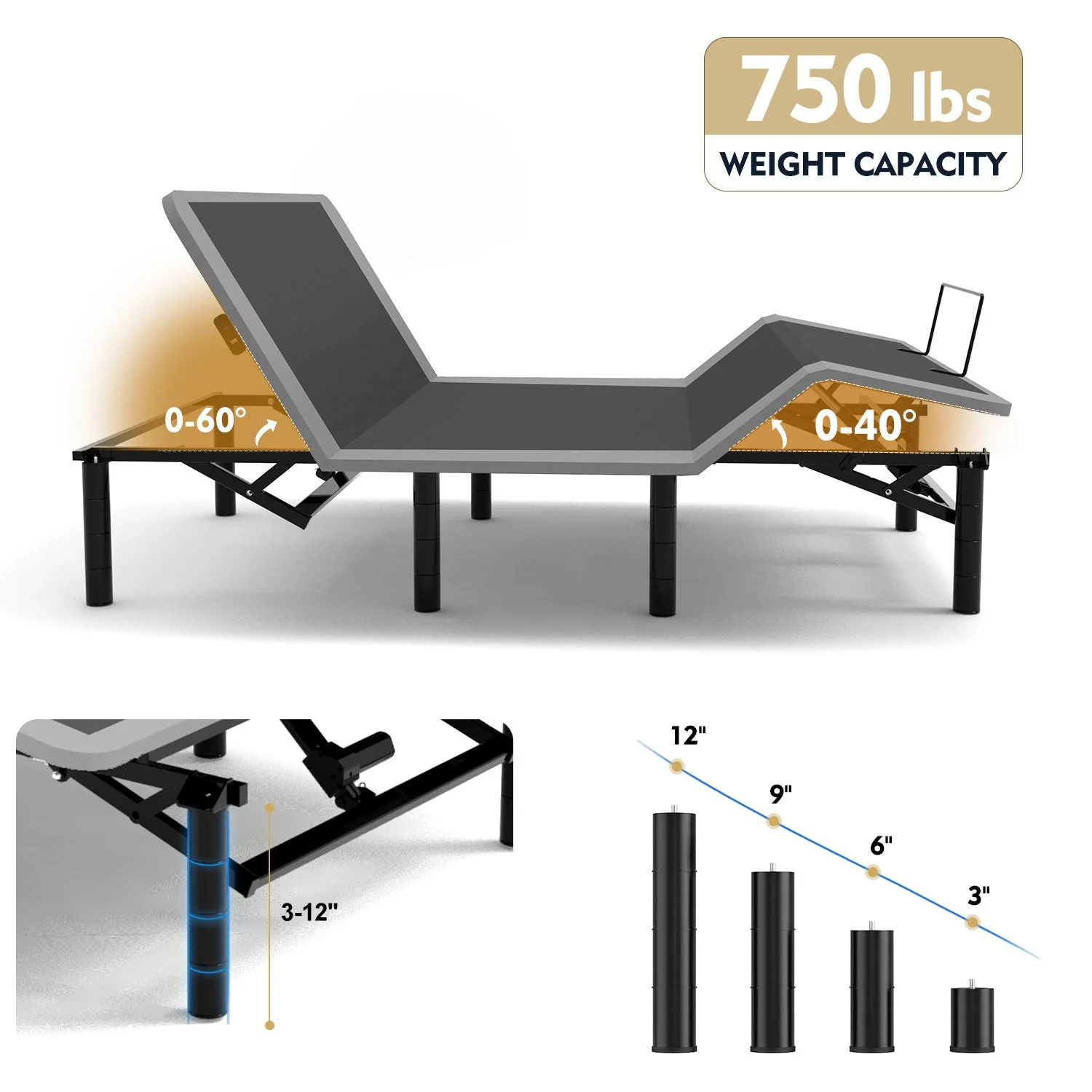 Adjustable Bed Frame With Massage Head & Foot Incline, Wireless Remote, USB Ports, LED Night Light - Image 2