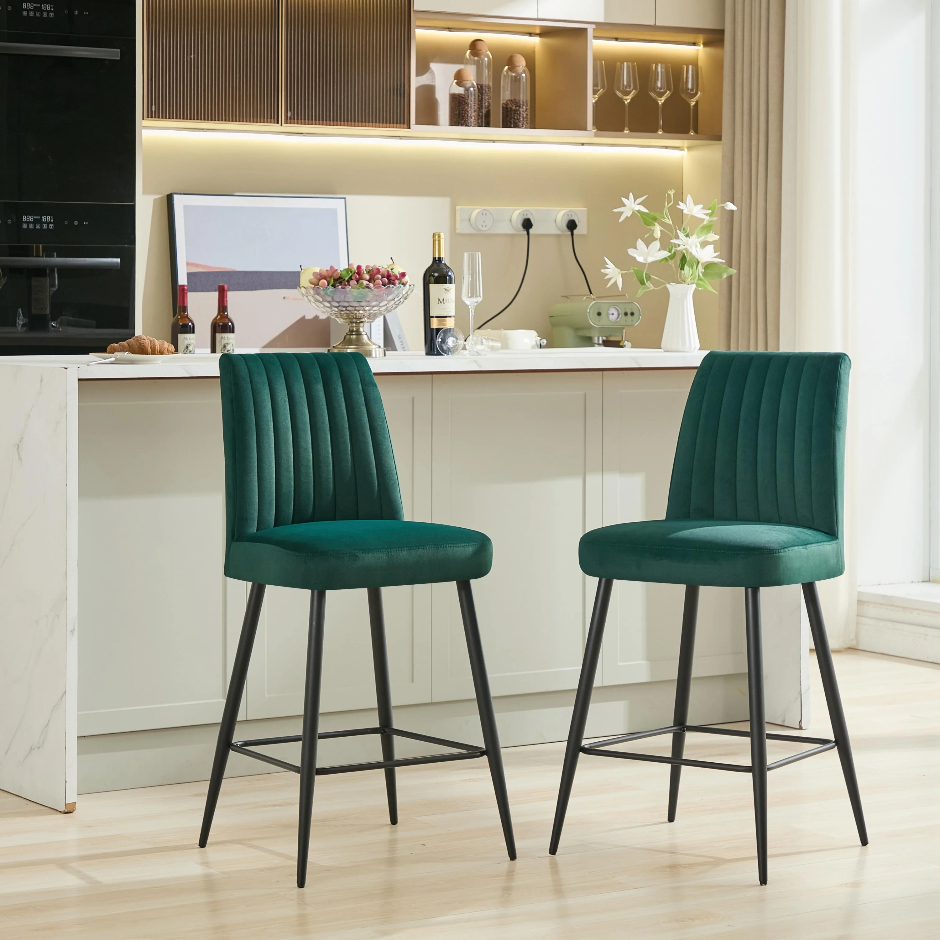 Adjustable Iron Feet Velvet Green Bar Chairs Set of 2 - Image 2