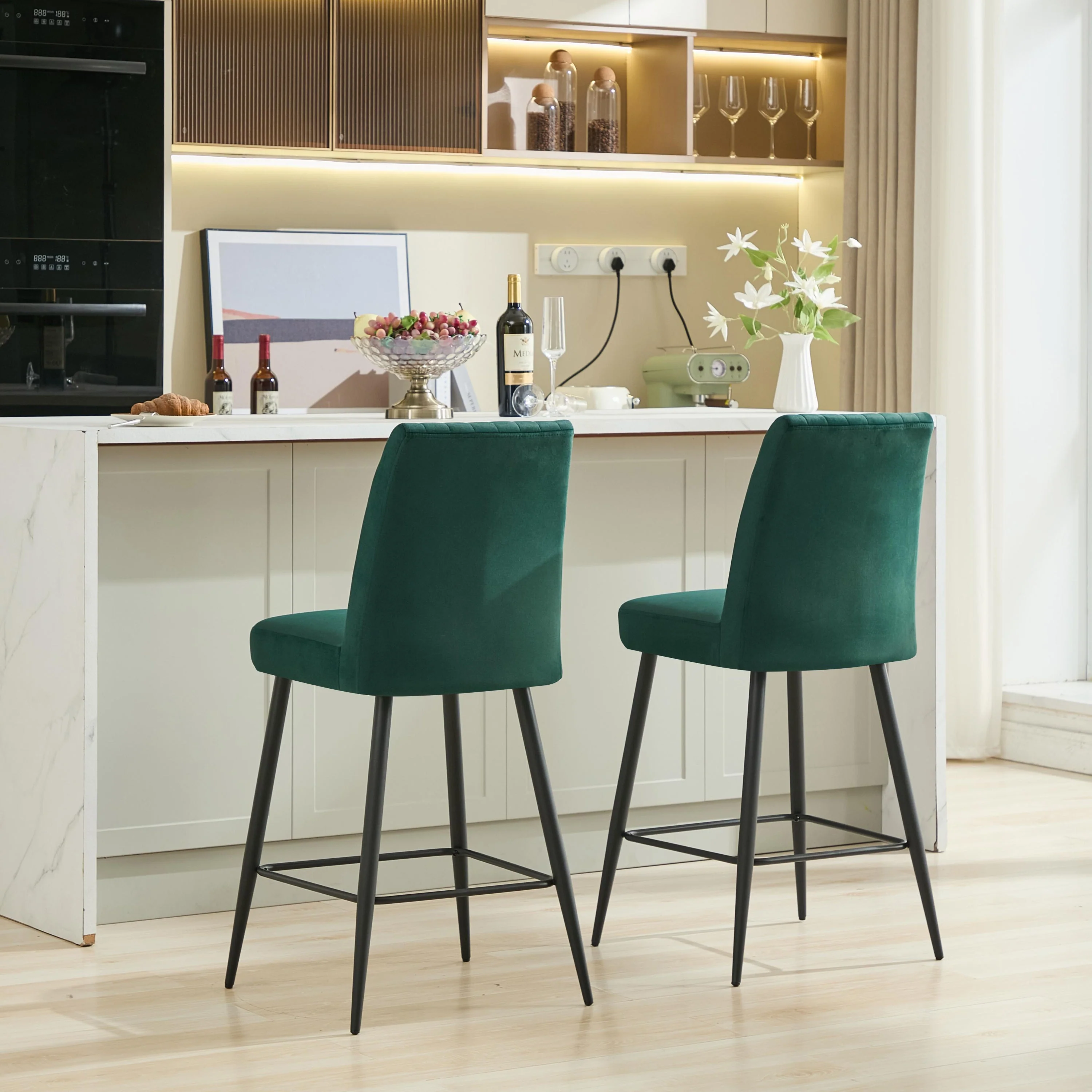 Adjustable Iron Feet Velvet Green Bar Chairs Set of 2 - Image 3