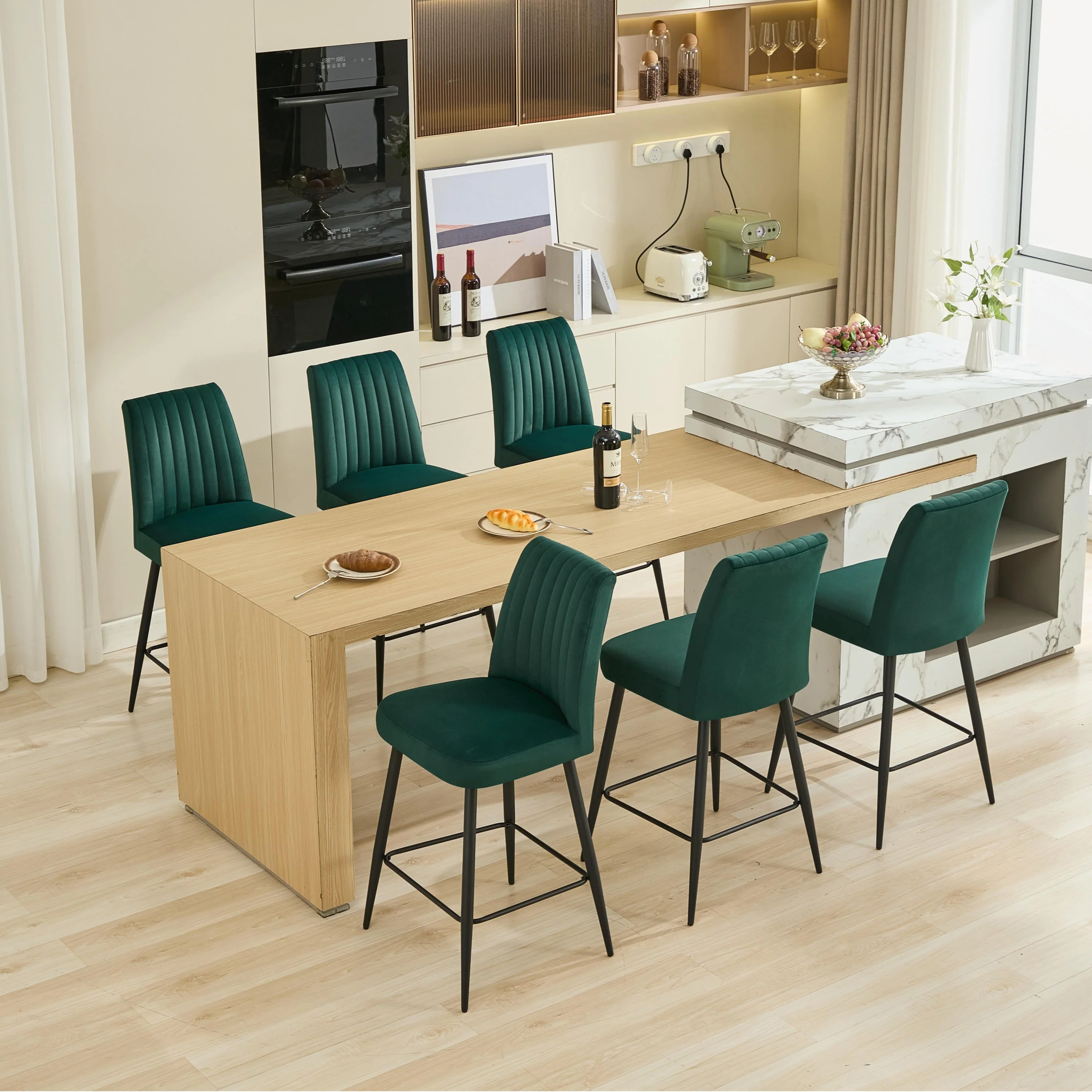 Adjustable Iron Feet Velvet Green Bar Chairs Set of 2 - Image 6