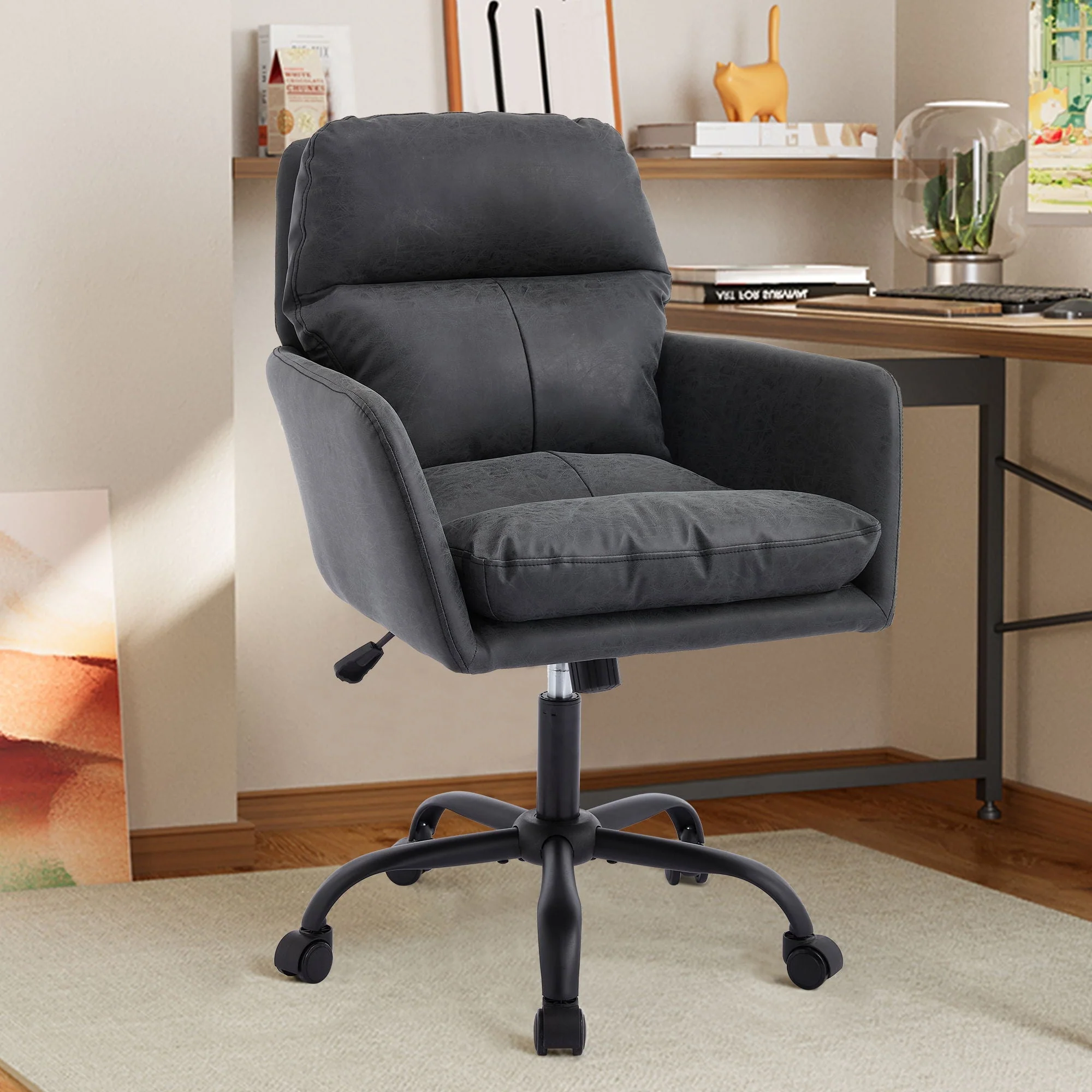 Adjustable Office Chair, Ergonomic Swivel Chair Leather, Comfortable For Long Sitting, Versatile Home And Office Use - Black - Image 2