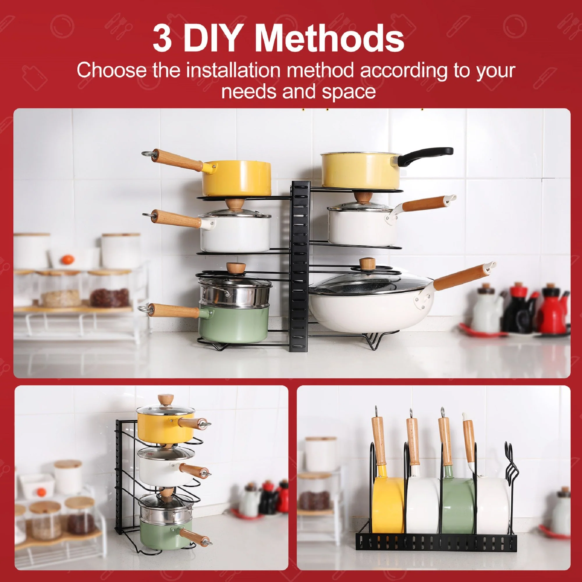 Adjustable Pot Rack Kitchen Storage Organizer - Black - Image 3