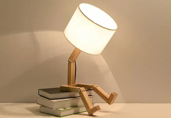 Adjustable Wooden Robot Table Lamp E27 Bedside Light with - Image 2