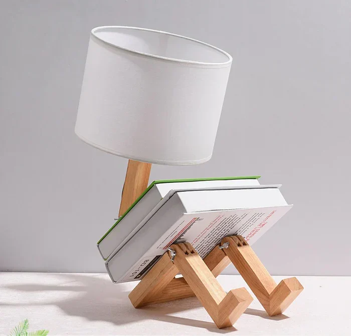 Adjustable Wooden Robot Table Lamp E27 Bedside Light with - Image 4
