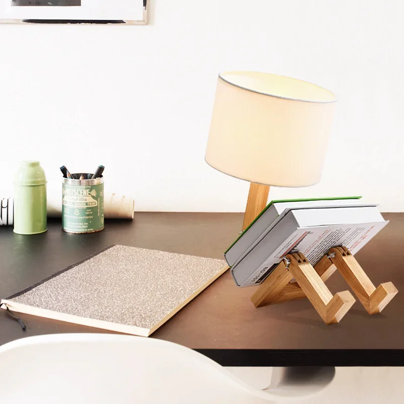 Adjustable Wooden Robot Table Lamp E27 Bedside Light with - Image 5